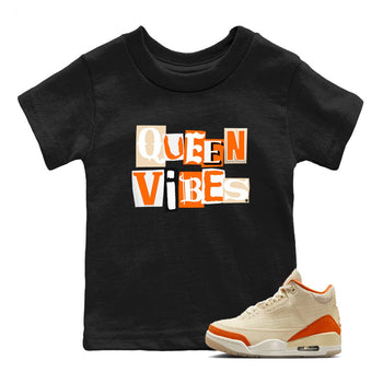 Queen Vibes baby and kids t-shirt crafted for little sneakerheads to shine with the Air Jordan 3 Starfish sneakers, displayed in Black 1.