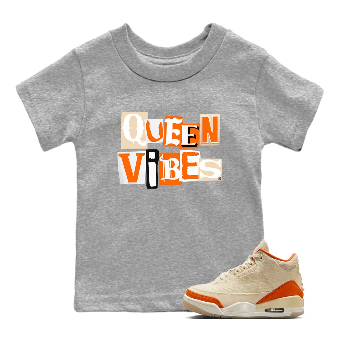 Queen Vibes baby and kids t-shirt crafted for little sneakerheads to shine with the Air Jordan 3 Starfish sneakers, displayed in Heather Grey 1.