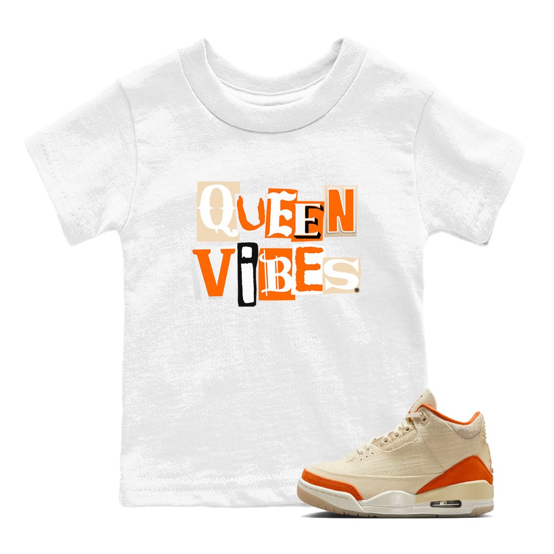 Queen Vibes baby and kids t-shirt crafted for little sneakerheads to shine with the Air Jordan 3 Starfish sneakers, displayed in White 1.