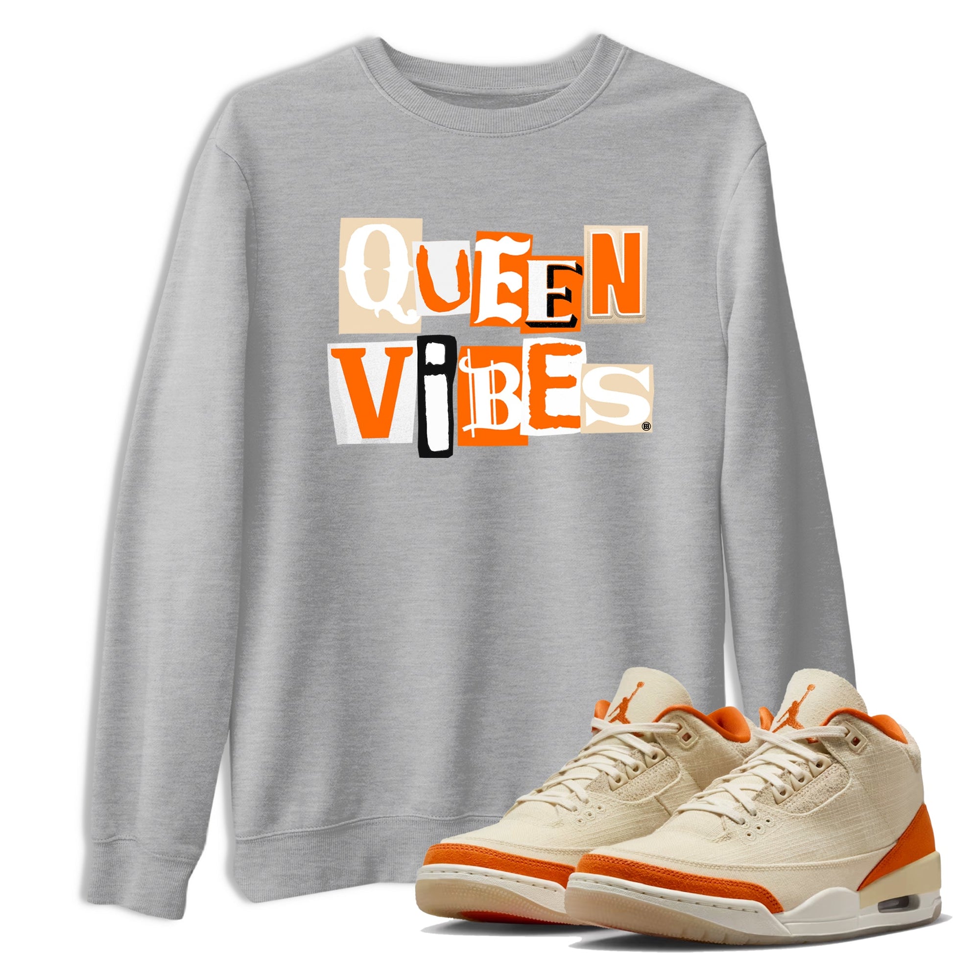 Queen Vibes sneaker match t-shirt styled to complete your fit with the Air Jordan 3 Starfish sneakers, shown in Heather Grey 1.