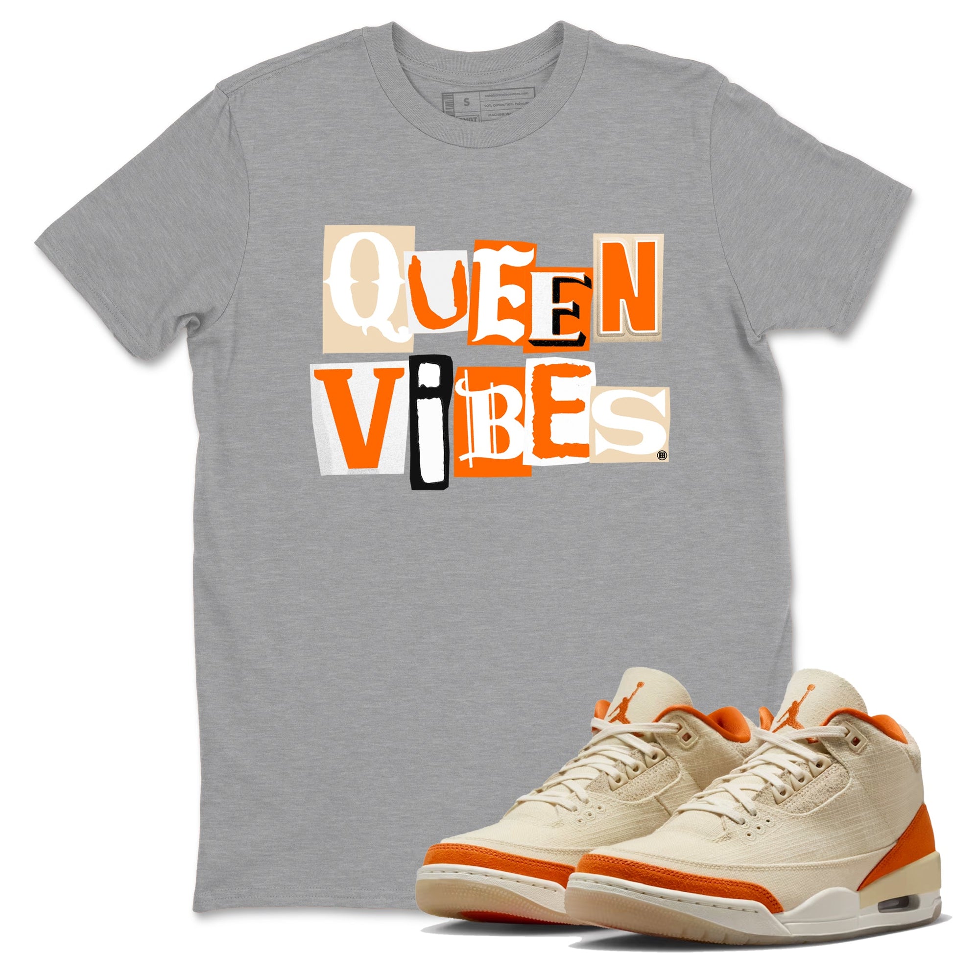 Queen Vibes sneaker match t-shirt styled to complete your fit with the Air Jordan 3 Starfish sneakers, shown in Heather Grey 1.