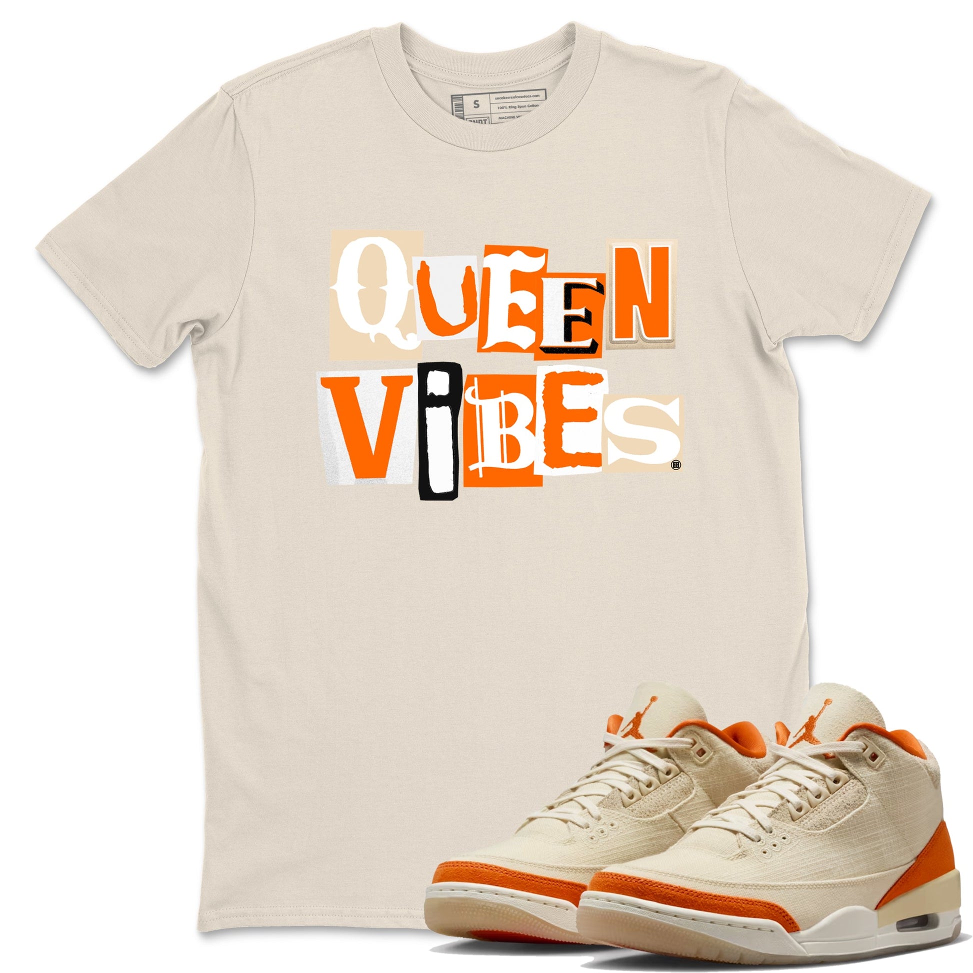 Queen Vibes sneaker match t-shirt styled to complete your fit with the Air Jordan 3 Starfish sneakers, shown in Natural 1.