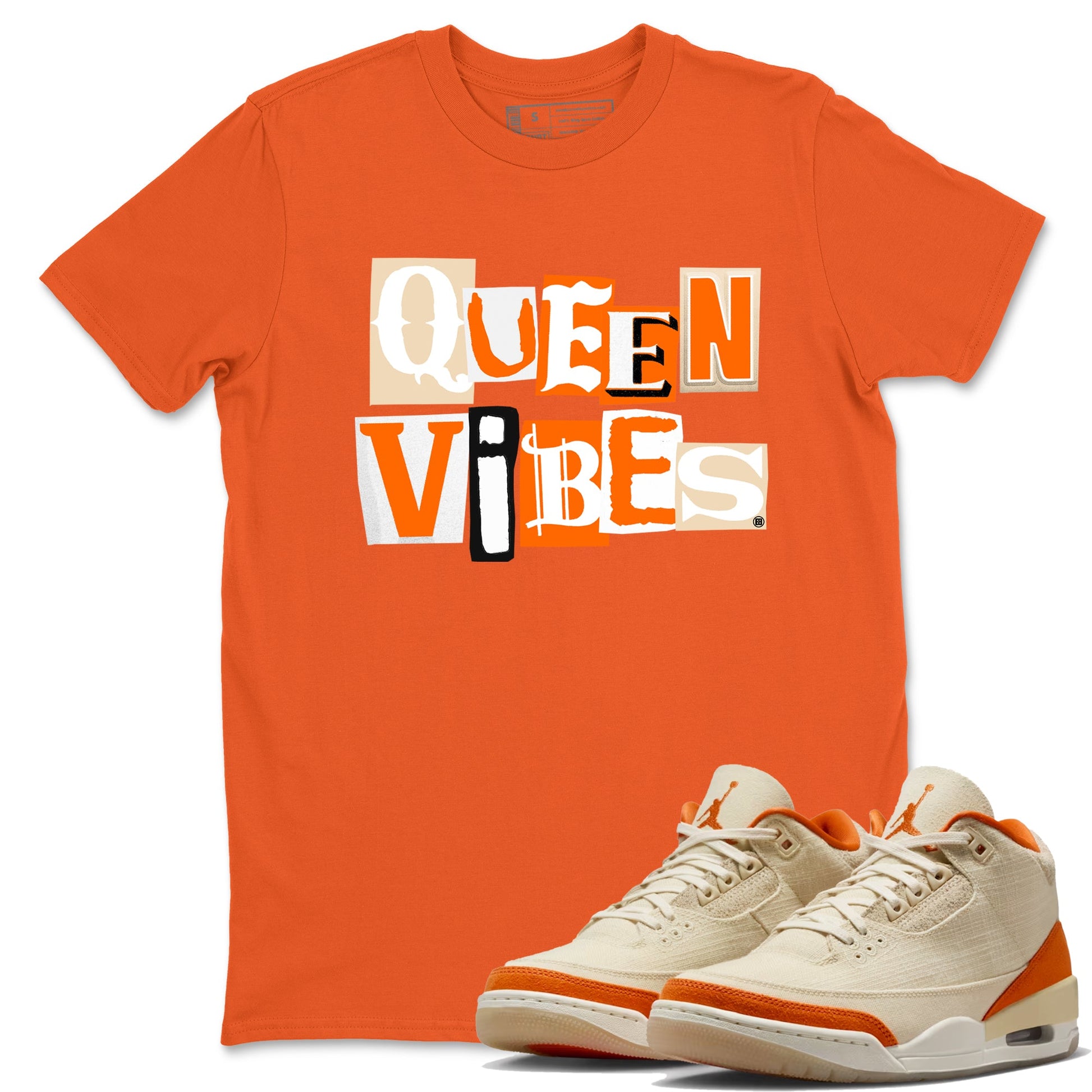 Queen Vibes sneaker match t-shirt styled to complete your fit with the Air Jordan 3 Starfish sneakers, shown in Orange 1.