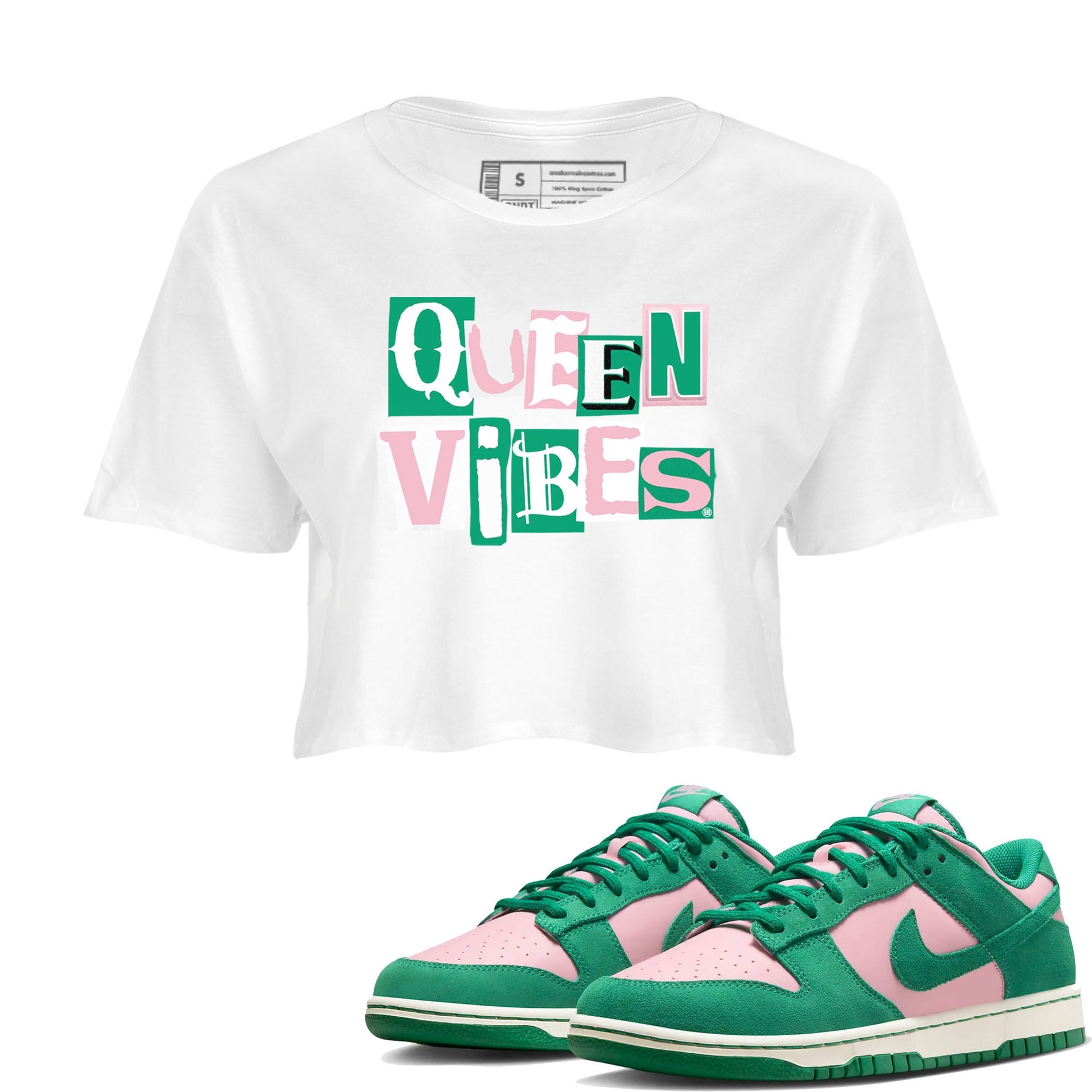 Dunk Low Medium Soft Pink Malachite shirt to match jordans Queen Vibes sneaker tees Dunks Medium Soft Pink Malachite Streetwear Brand SNRT Sneaker Release Tees White 1 crop length shirt