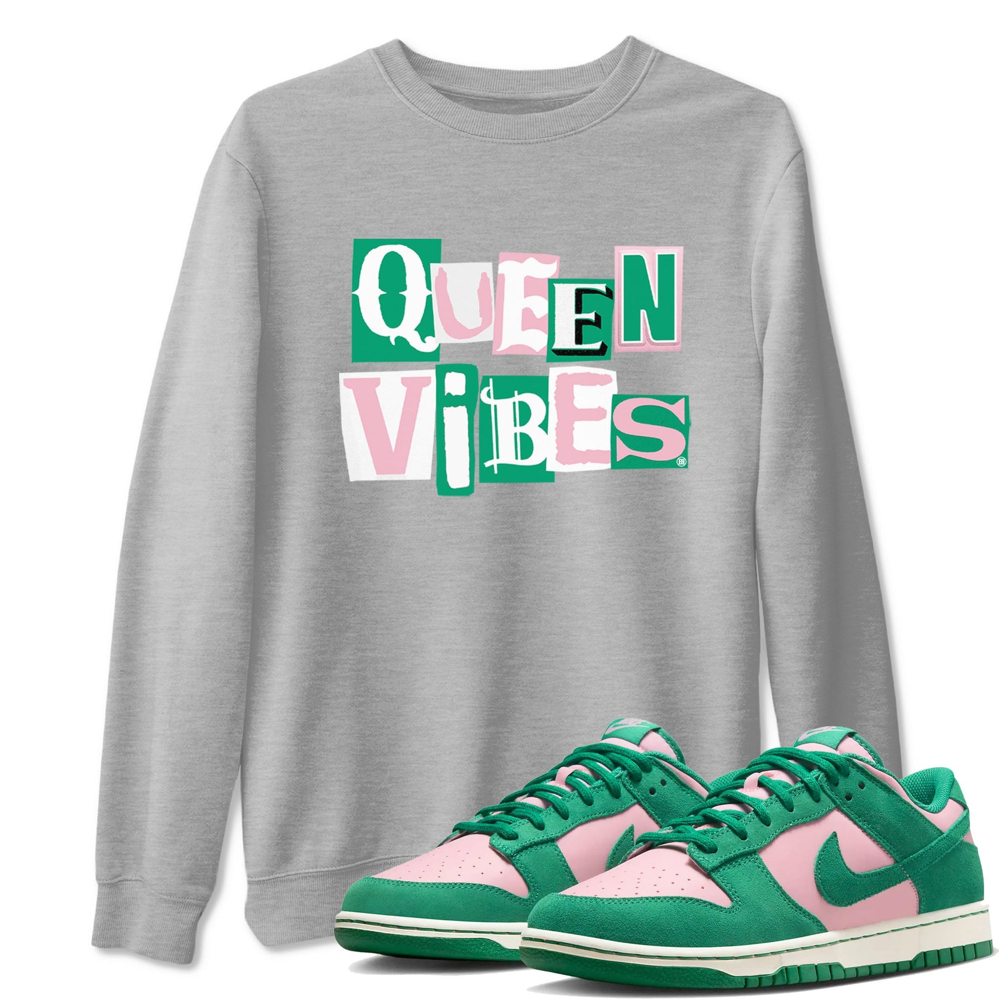 Dunk Low Medium Soft Pink Malachite shirt to match jordans Queen Vibes sneaker tees Dunks Medium Soft Pink Malachite Streetwear Brand SNRT Sneaker Release Tees unisex cotton Heather Grey 1 crew neck shirt