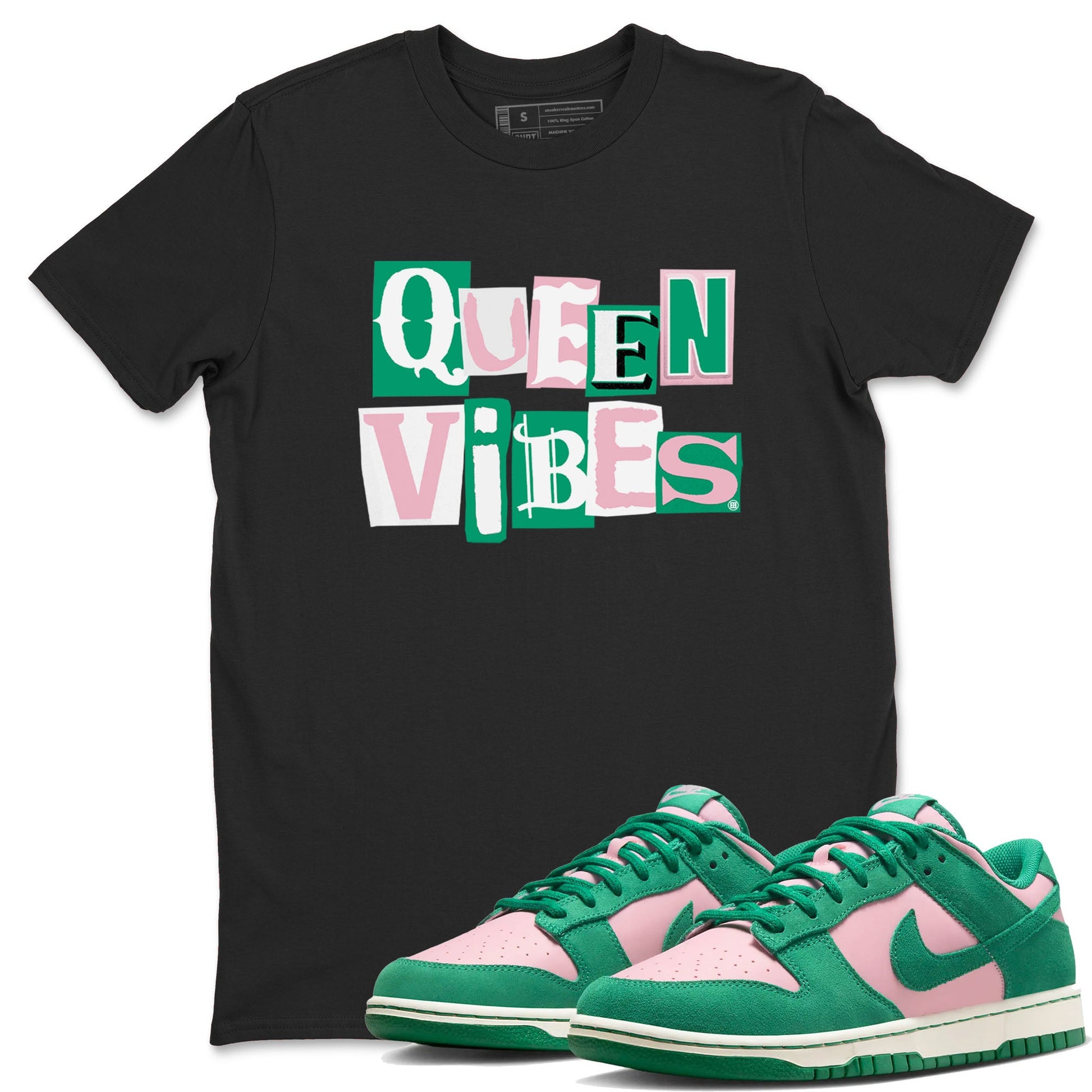 Dunk Low Medium Soft Pink Malachite shirt to match jordans Queen Vibes sneaker tees Dunks Medium Soft Pink Malachite Streetwear Brand SNRT Sneaker Release Tees unisex cotton Black 1 crew neck shirt