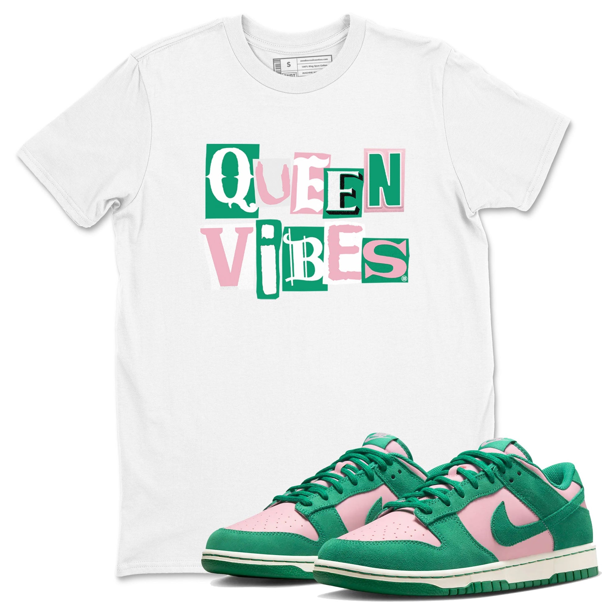 Dunk Low Medium Soft Pink Malachite shirt to match jordans Queen Vibes sneaker tees Dunks Medium Soft Pink Malachite Streetwear Brand SNRT Sneaker Release Tees unisex cotton White 1 crew neck shirt