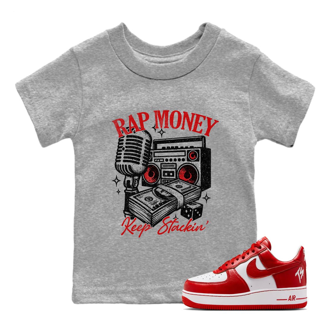Rap Money baby and kids t-shirt crafted for little sneakerheads to shine with the Air Force 1 University Red sneakers, displayed in Heather Grey 1.