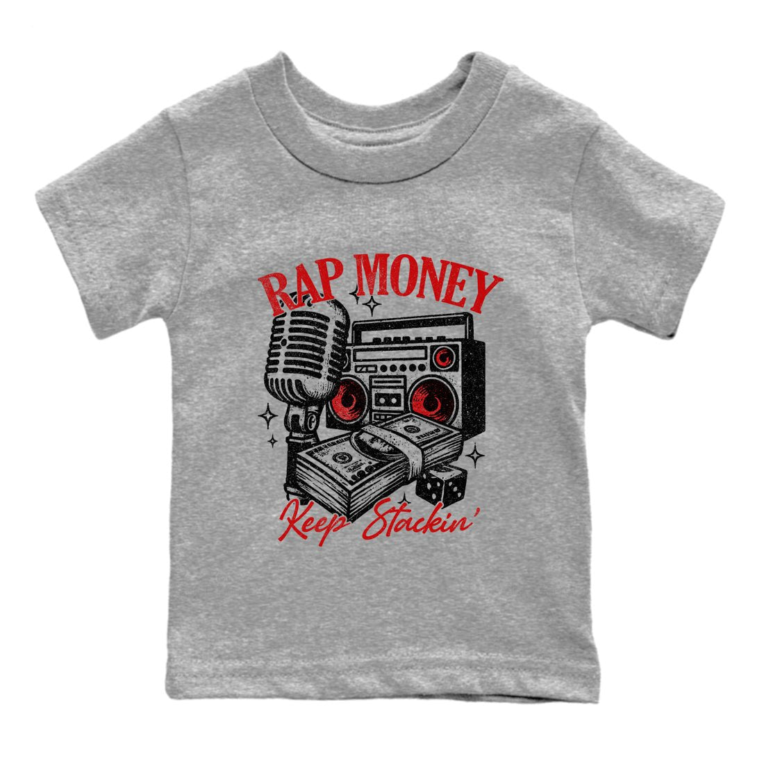 Rap Money baby and kids t-shirt crafted for little sneakerheads to shine with the Air Force 1 University Red sneakers, displayed in Heather Grey 2.