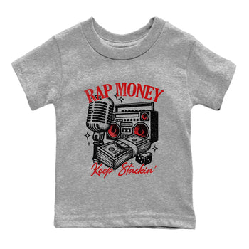 Rap Money baby and kids t-shirt crafted for little sneakerheads to shine with the Air Force 1 University Red sneakers, displayed in Heather Grey 2.
