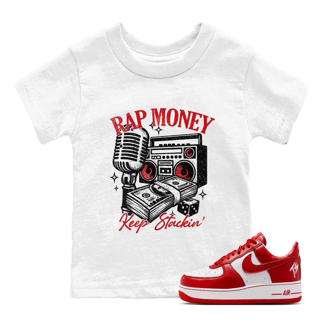 Rap Money baby and kids t-shirt crafted for little sneakerheads to shine with the Air Force 1 University Red sneakers, displayed in White 1.