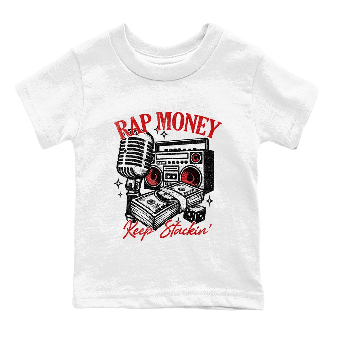 Rap Money baby and kids t-shirt crafted for little sneakerheads to shine with the Air Force 1 University Red sneakers, displayed in White 2.