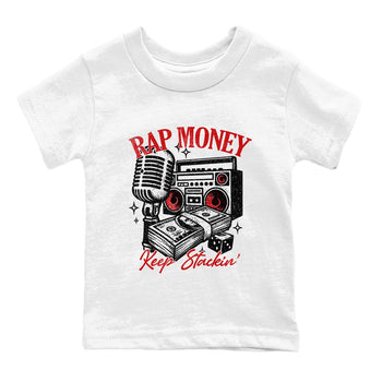 Rap Money baby and kids t-shirt crafted for little sneakerheads to shine with the Air Force 1 University Red sneakers, displayed in White 2.