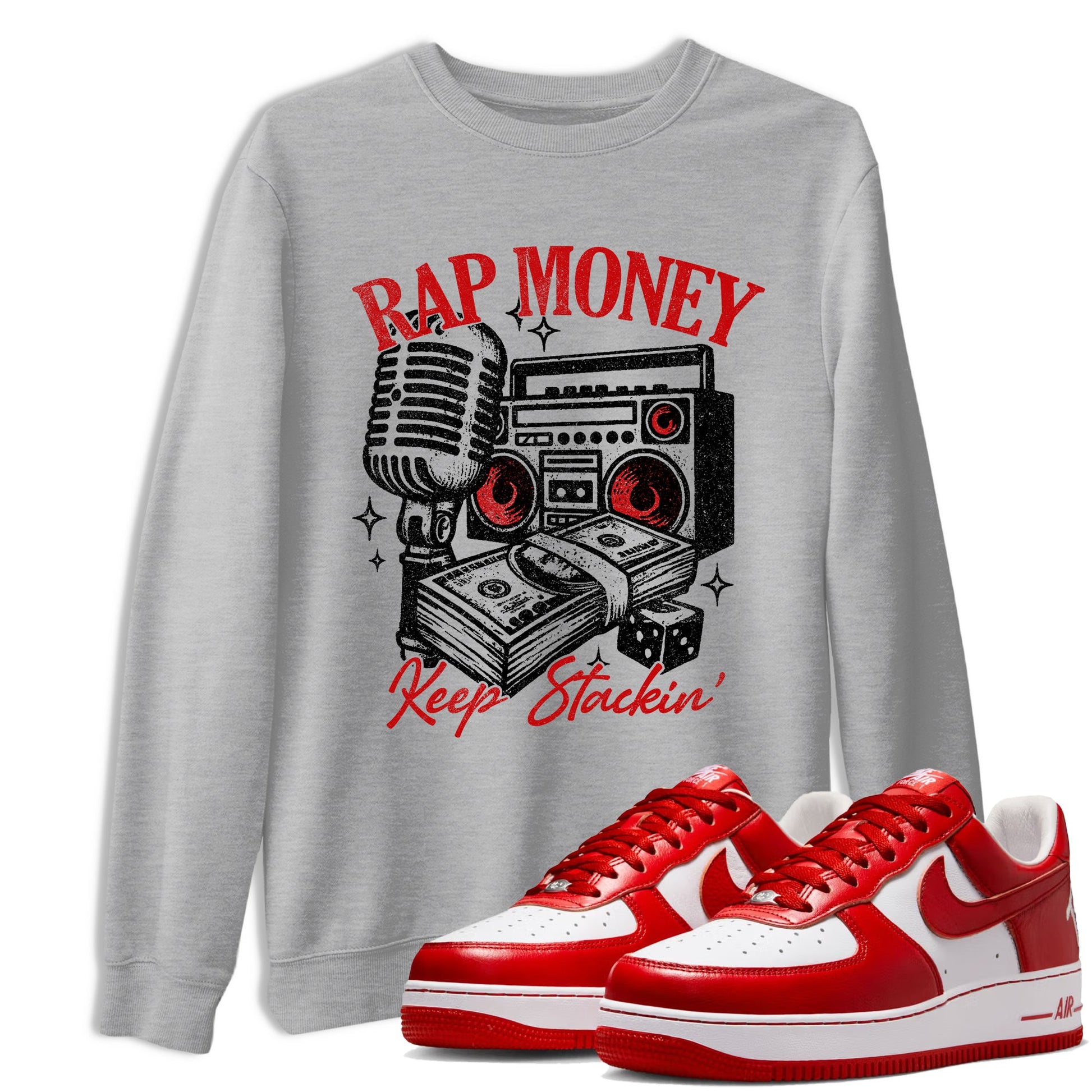 Rap Money sneaker match t-shirt styled to complete your fit with the Air Force 1 University Red sneakers, shown in Heather Grey 1.