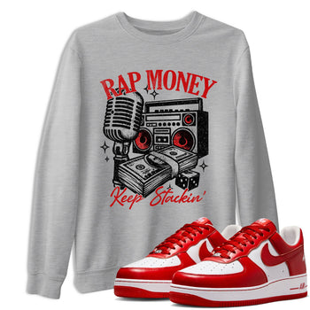 Rap Money sneaker match t-shirt styled to complete your fit with the Air Force 1 University Red sneakers, shown in Heather Grey 1.