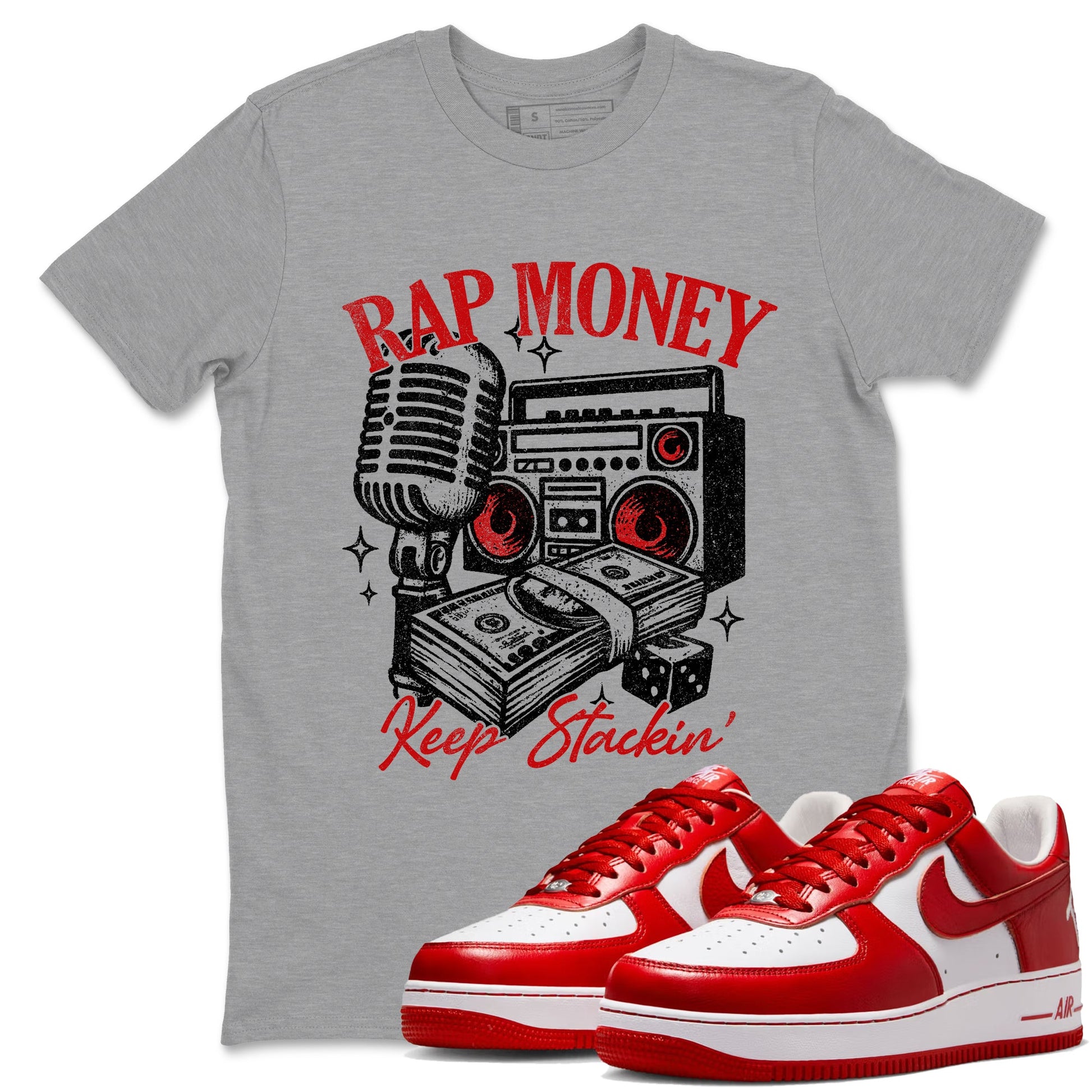 Rap Money sneaker match t-shirt styled to complete your fit with the Air Force 1 University Red sneakers, shown in Heather Grey 1.