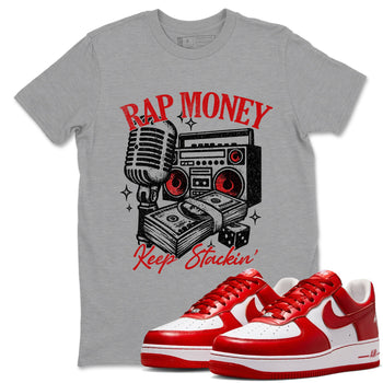 Rap Money sneaker match t-shirt styled to complete your fit with the Air Force 1 University Red sneakers, shown in Heather Grey 1.