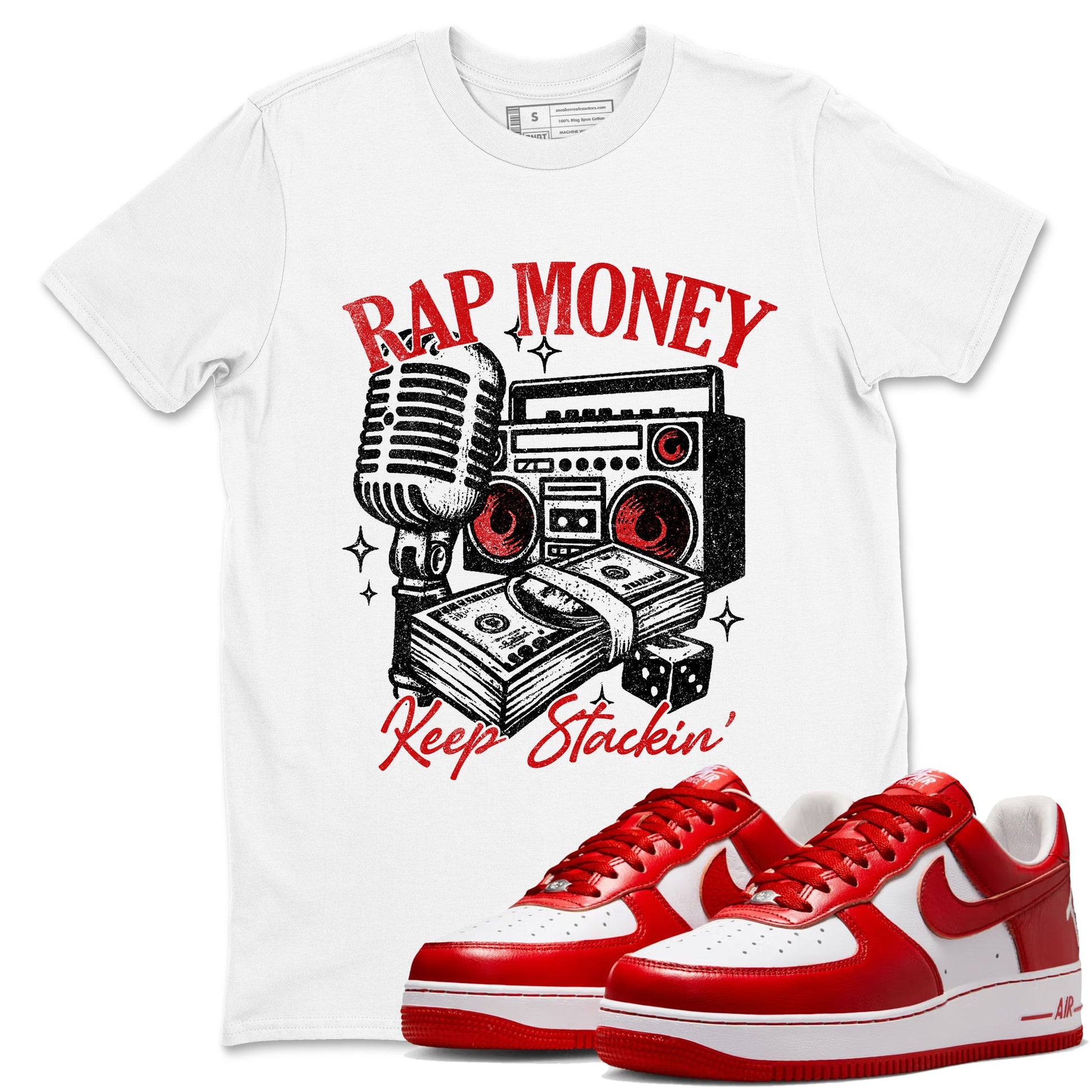Rap Money sneaker match t-shirt styled to complete your fit with the Air Force 1 University Red sneakers, shown in White 1.