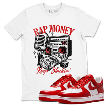 Rap Money sneaker match t-shirt styled to complete your fit with the Air Force 1 University Red sneakers, shown in White 1.