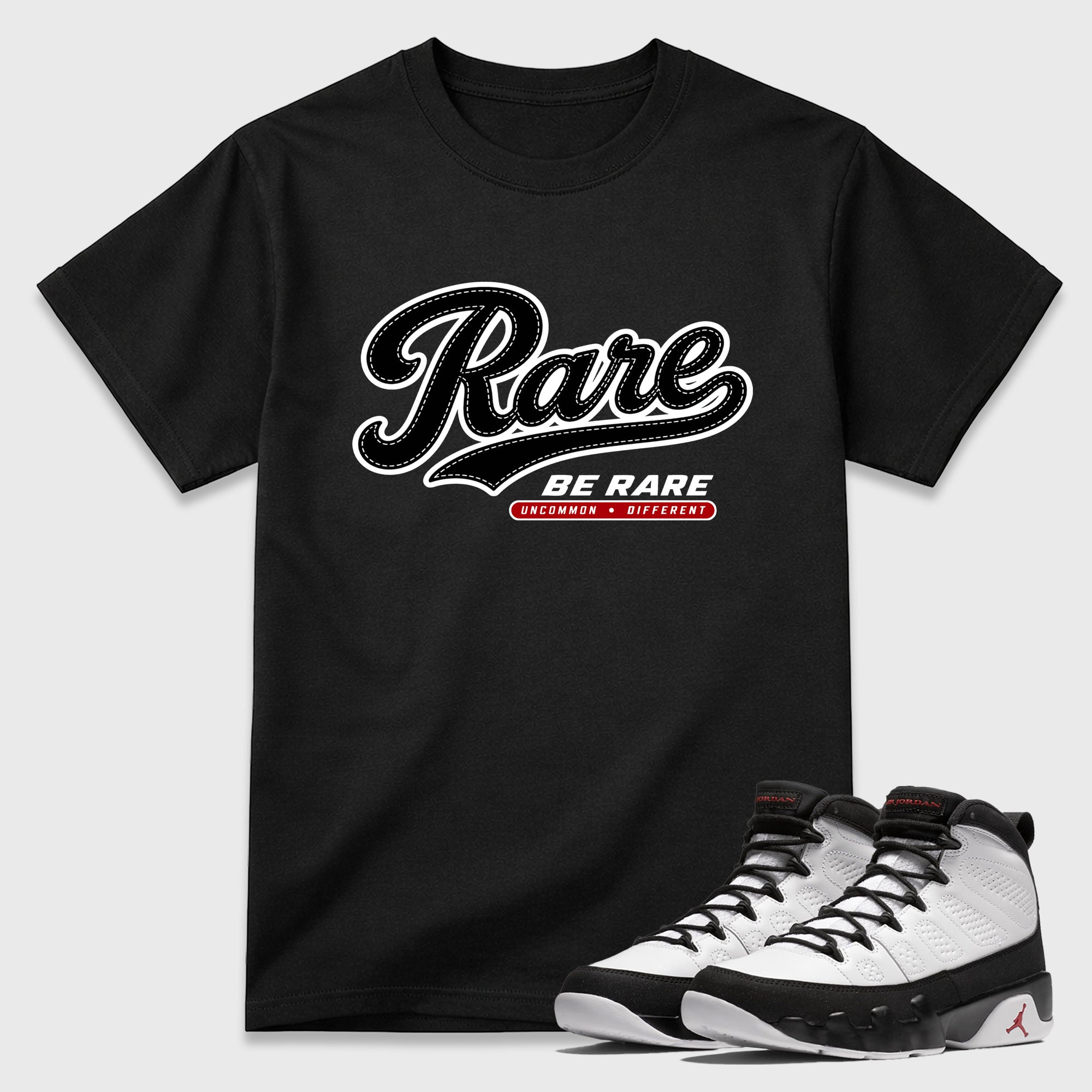 Rare Graphic T-Shirt featuring original streetwear artwork designed to match the Air Jordan 9 True Red. Black 1 Graphic T-Shirt.