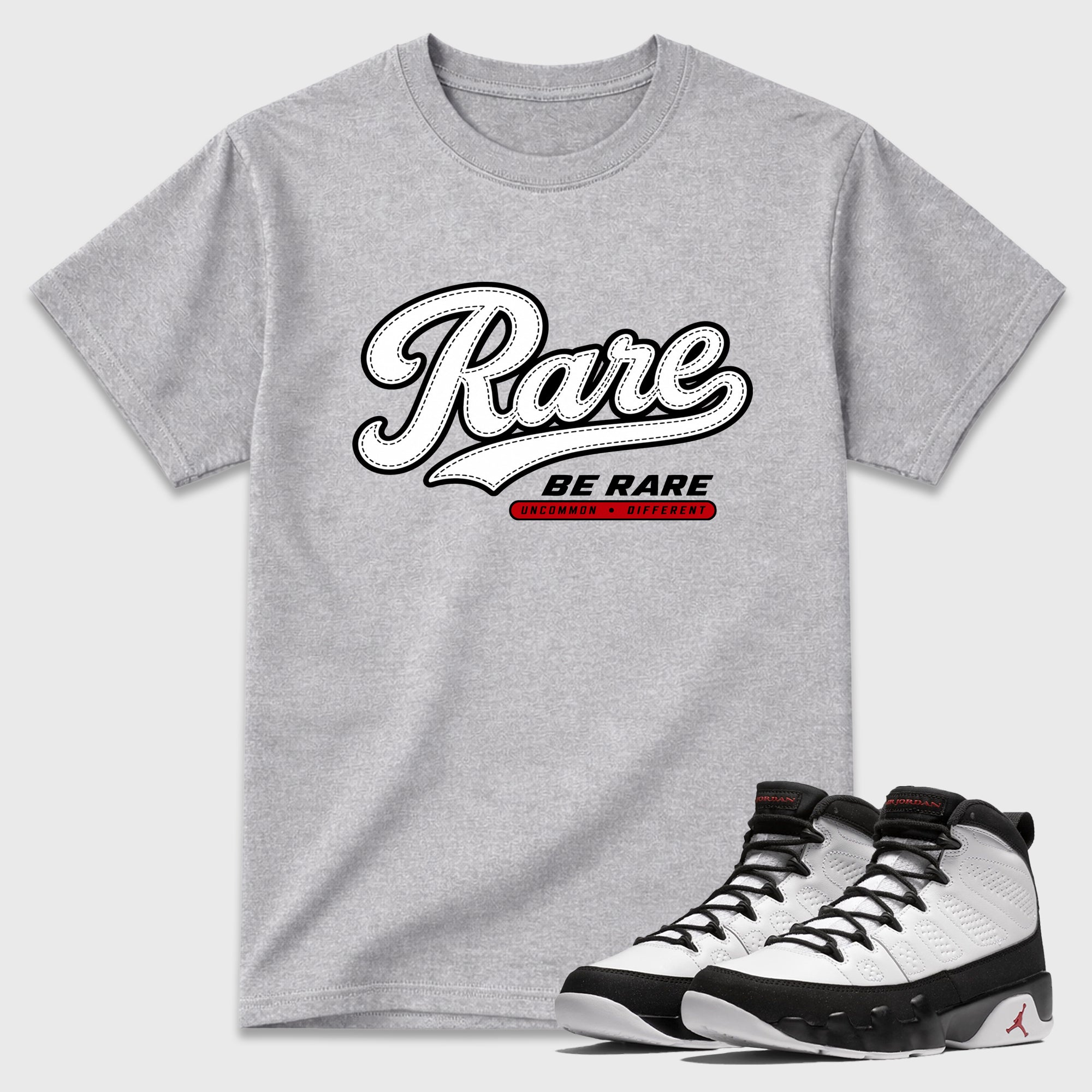Rare Graphic T-Shirt featuring original streetwear artwork designed to match the Air Jordan 9 True Red. Heather Grey 1 Graphic T-Shirt.