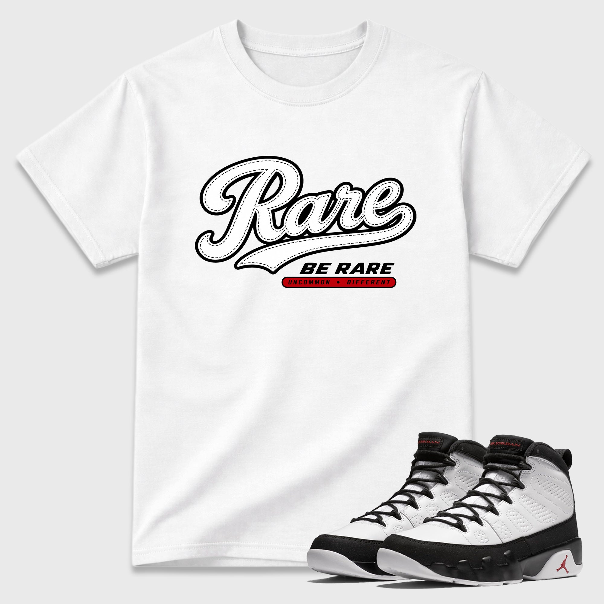 Rare Graphic T-Shirt featuring original streetwear artwork designed to match the Air Jordan 9 True Red. White 1 Graphic T-Shirt.