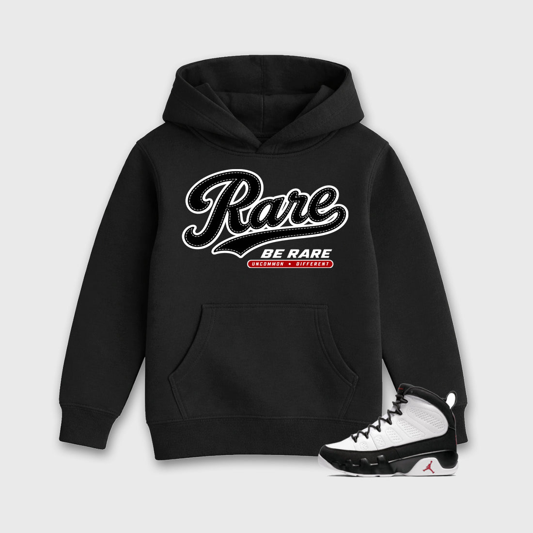 Rare Baby & Kids Graphic Hoodie featuring original artwork designed to match the Air Jordan 9 True Red. Black 1 Kids Graphic Sweater.