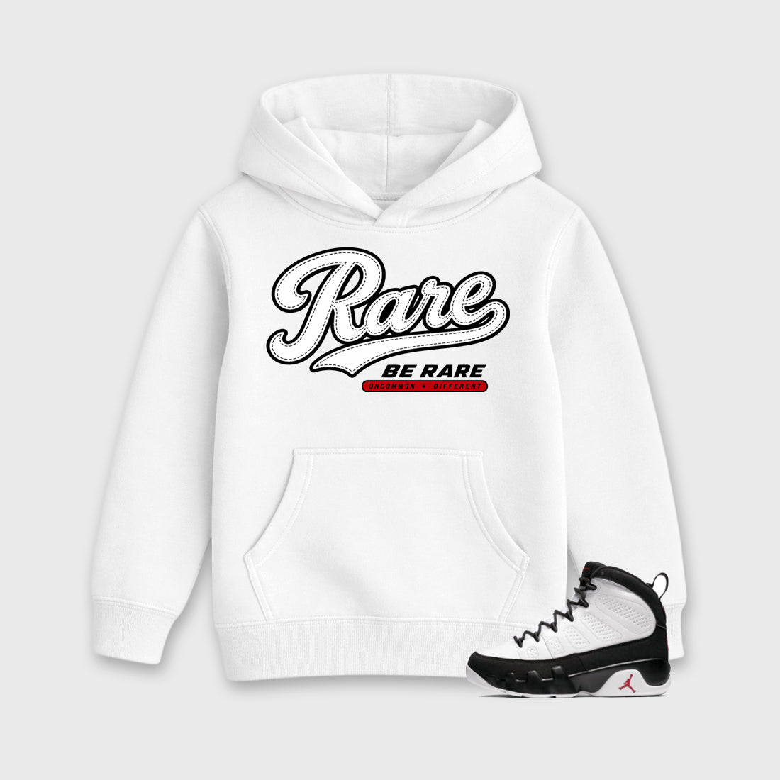 Rare Baby & Kids Graphic Hoodie featuring original artwork designed to match the Air Jordan 9 True Red. White 1 Kids Graphic Sweater.