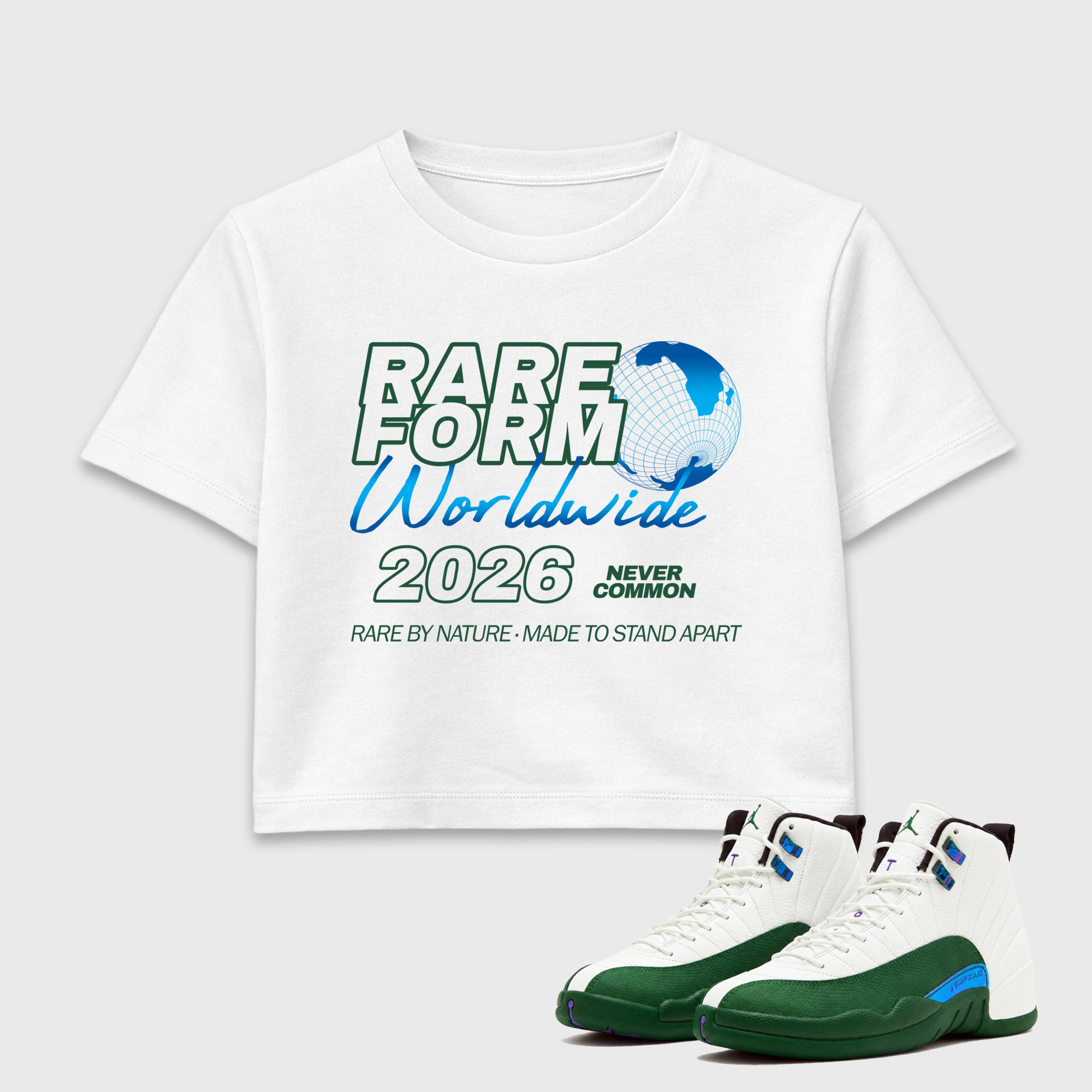 Rare Form women’s crop tee designed to match the Air Jordan 12 Bucks, featuring coordinated White 1 options for a perfect streetwear vibe.
