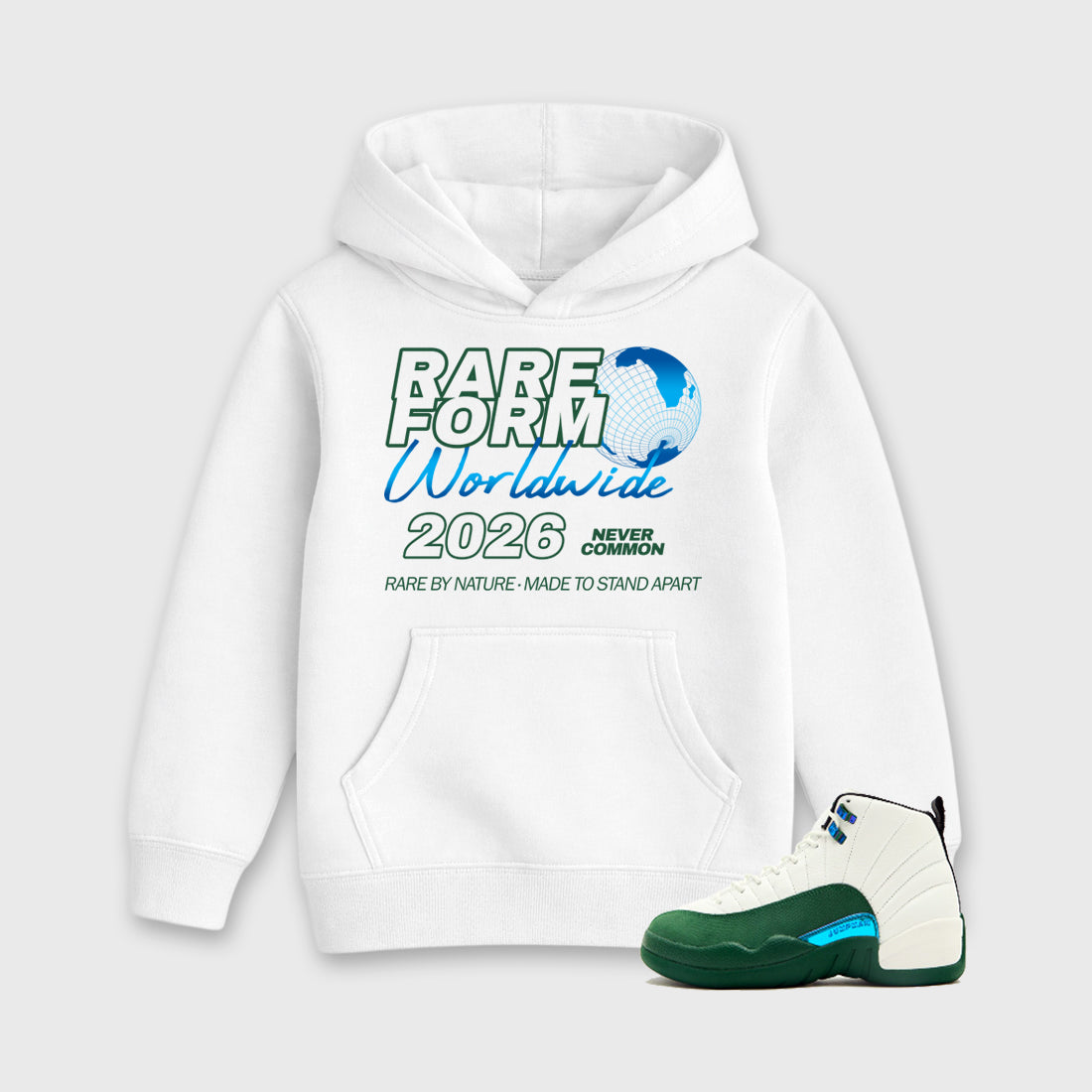 Rare Form Baby & Kids Graphic Hoodie featuring original artwork designed to match the Air Jordan 12 Bucks. White 1 Kids Graphic Sweater.