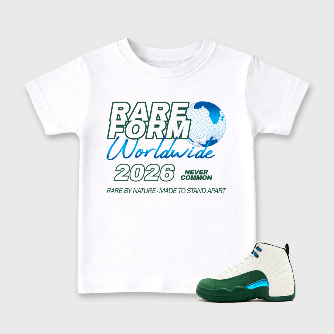 Rare Form Baby & Kids Graphic T-Shirt featuring original artwork designed to match the Air Jordan 12 Bucks. White 1 Kids Graphic Tee.