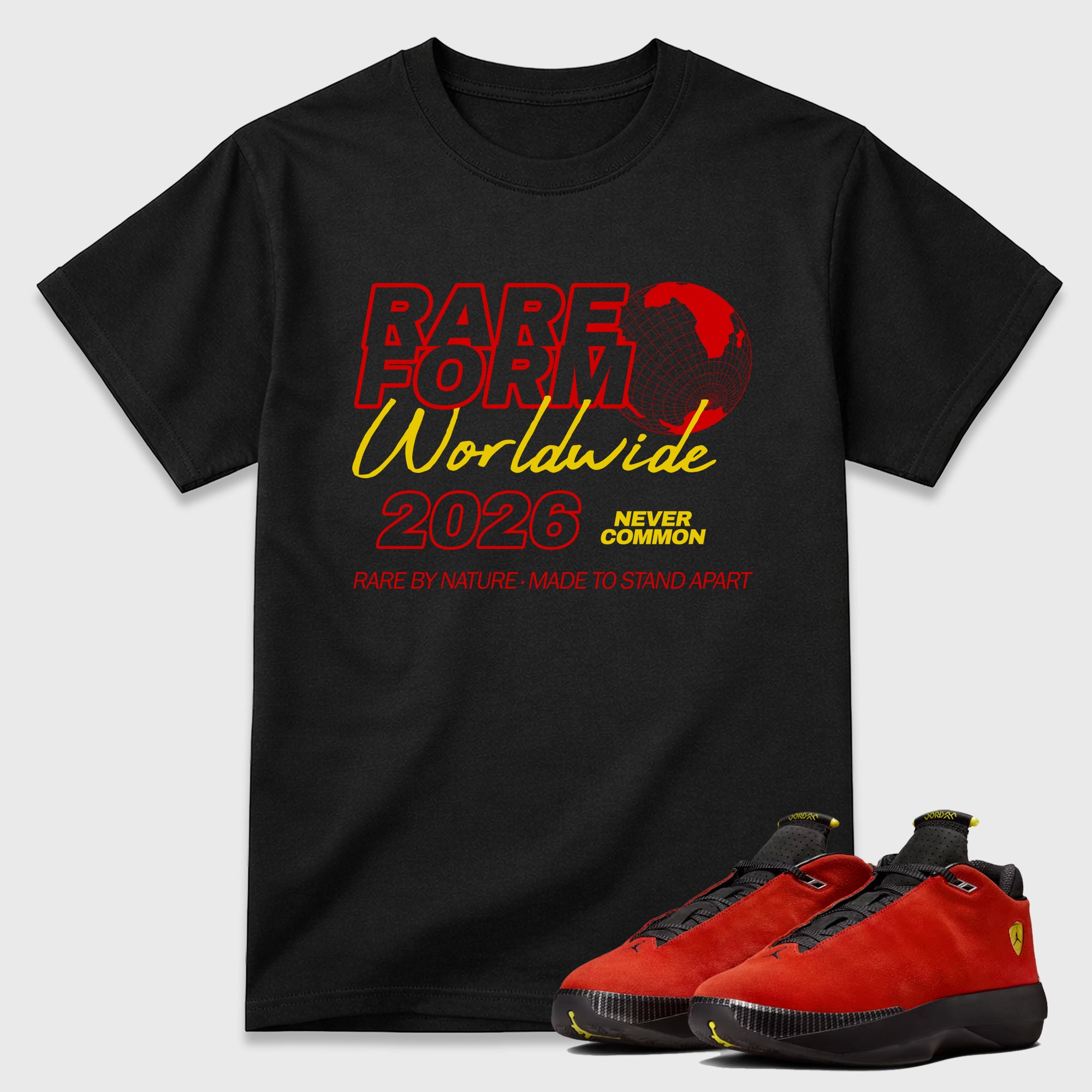 Rare Form Graphic T-Shirt featuring original streetwear artwork designed to match the Air Jordan 14 Challenge Red. Black 1 Graphic T-Shirt.