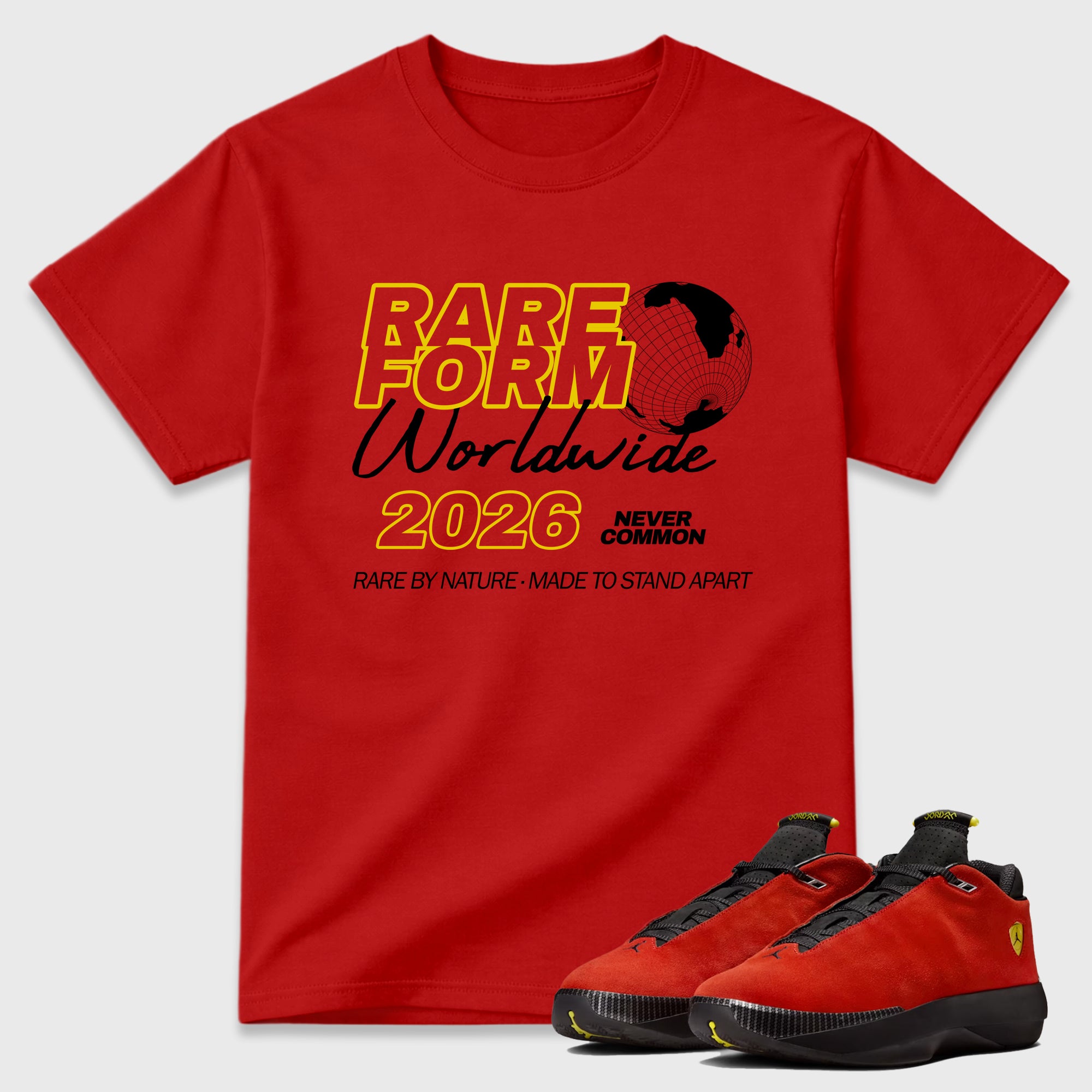 Rare Form Graphic T-Shirt featuring original streetwear artwork designed to match the Air Jordan 14 Challenge Red. Red 1 Graphic T-Shirt.