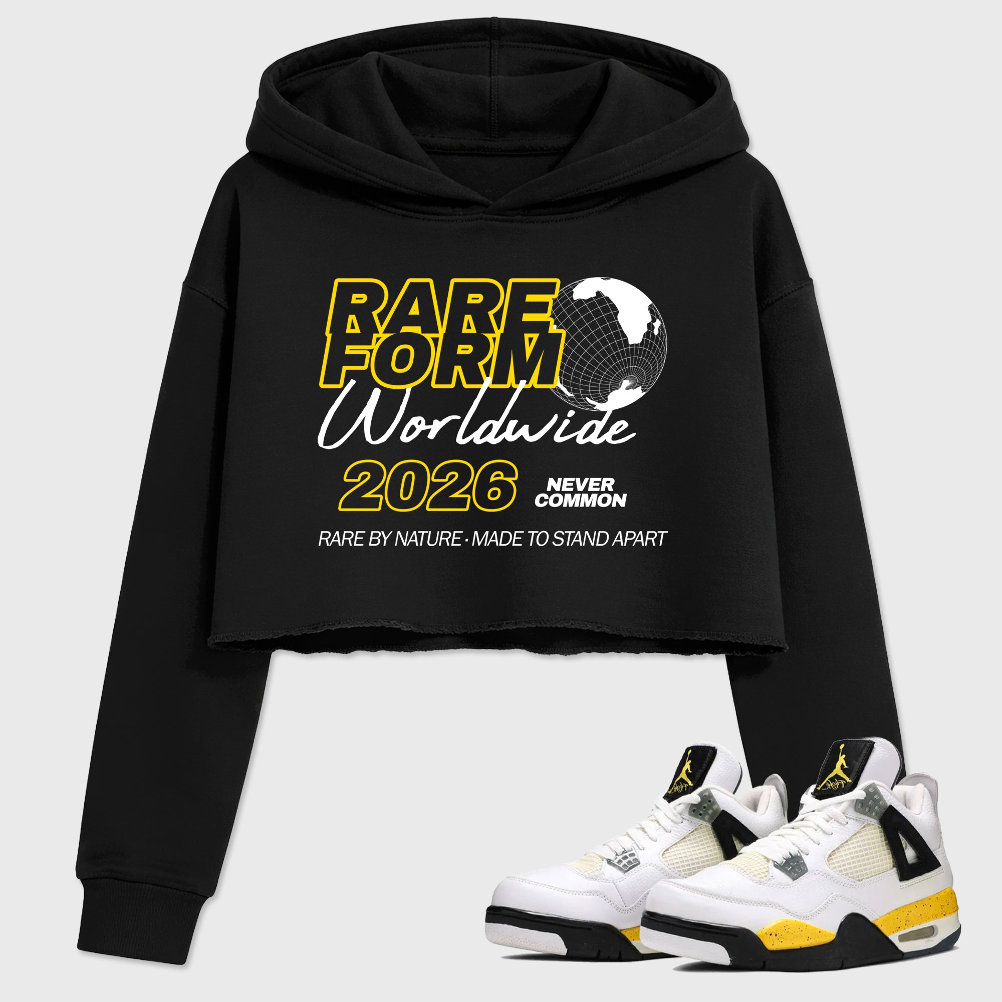 Rare Form Women’s Graphic Crop Tee featuring original streetwear artwork designed to match the Air Jordan 4 Tour Yellow. Black 1 Crop Tee.