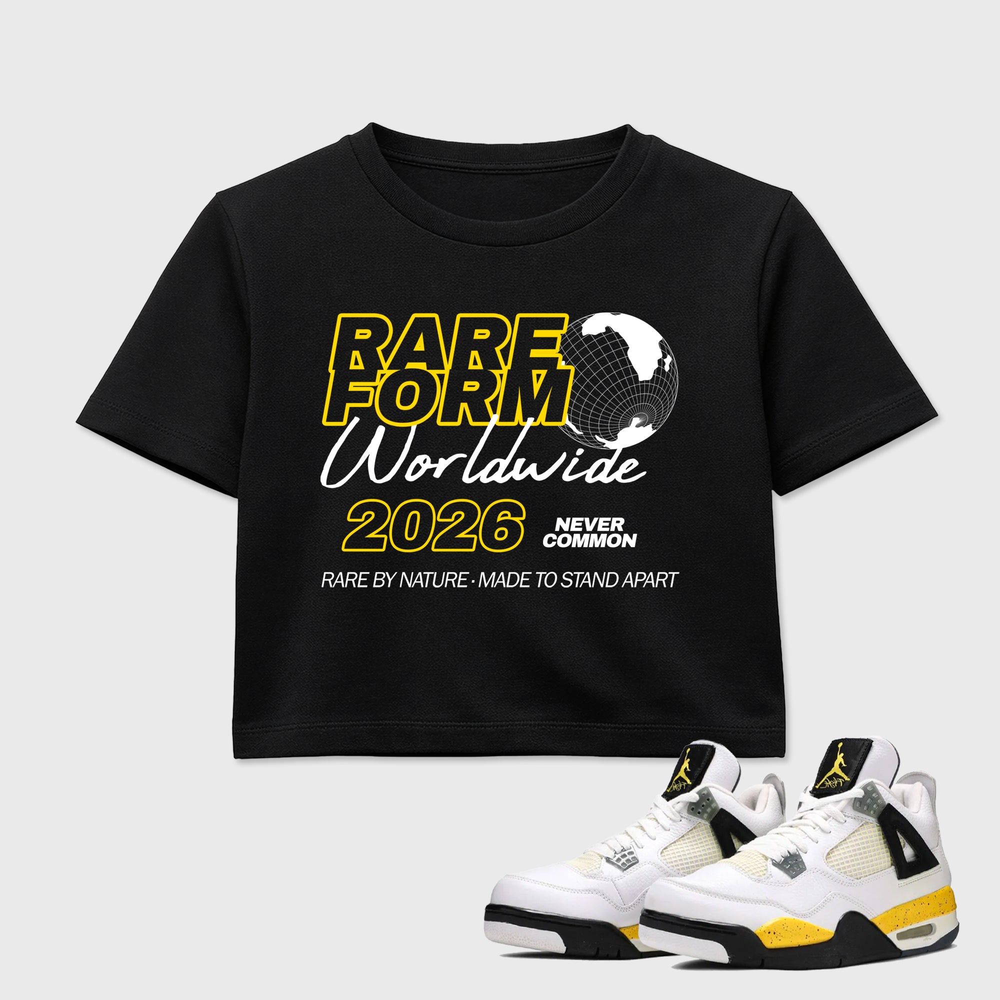 Rare Form women’s crop tee designed to match the Air Jordan 4 Tour Yellow, featuring coordinated Black 1 options for a perfect streetwear vibe.