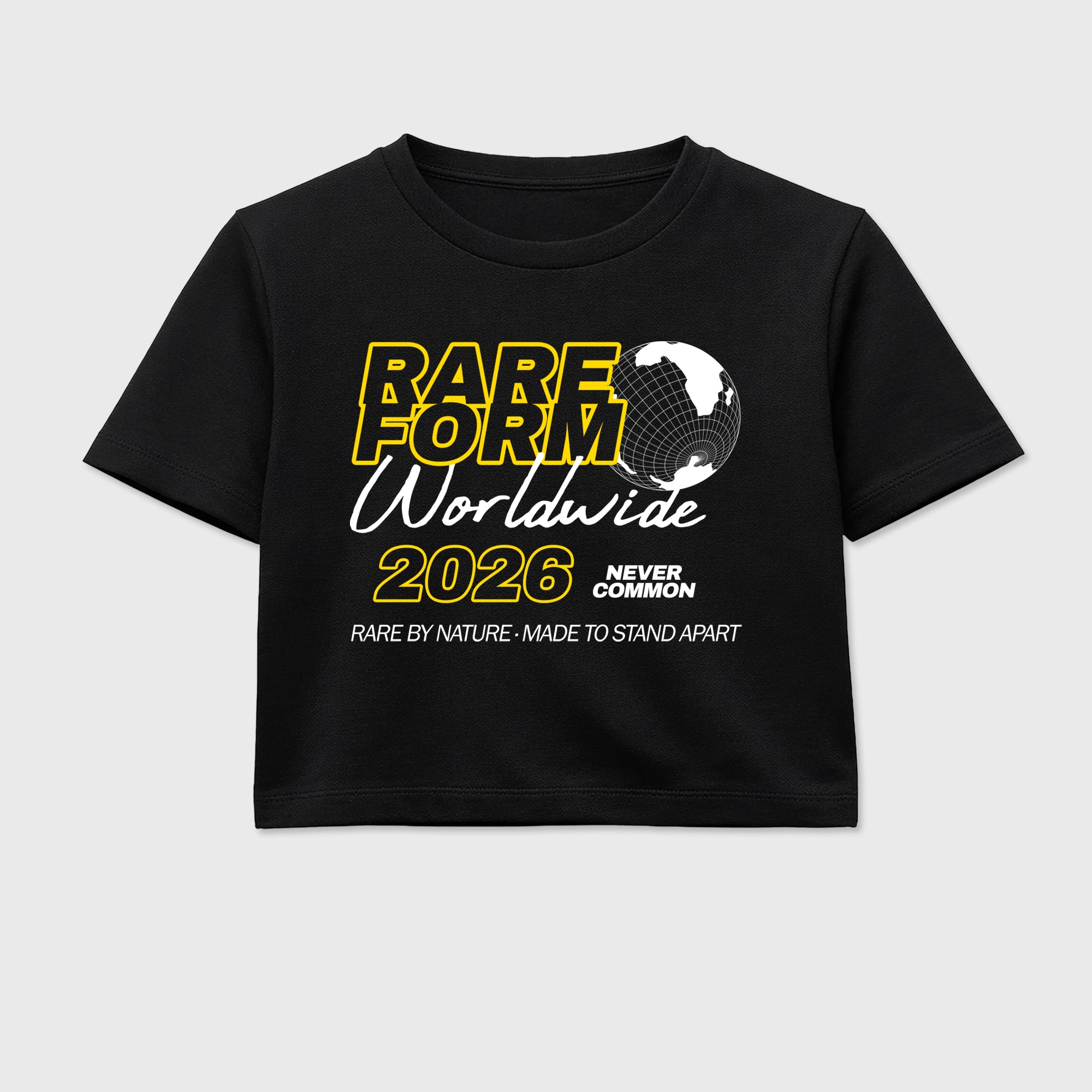 Rare Form women’s crop tee designed to match the Air Jordan 4 Tour Yellow, featuring coordinated Black 2 options for a perfect streetwear vibe.