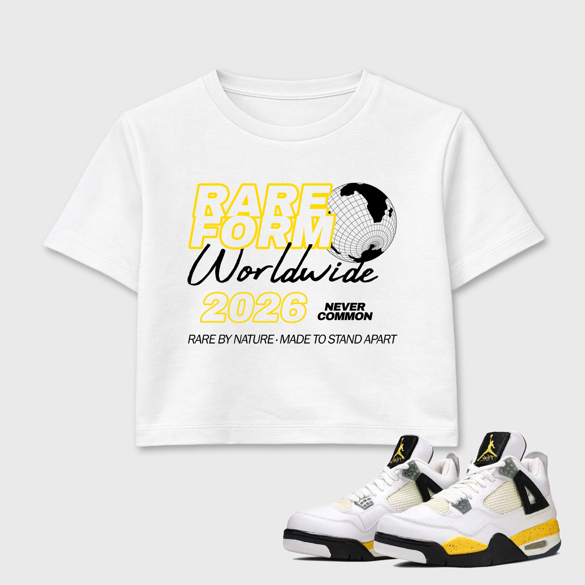 Rare Form women’s crop tee designed to match the Air Jordan 4 Tour Yellow, featuring coordinated White 1 options for a perfect streetwear vibe.