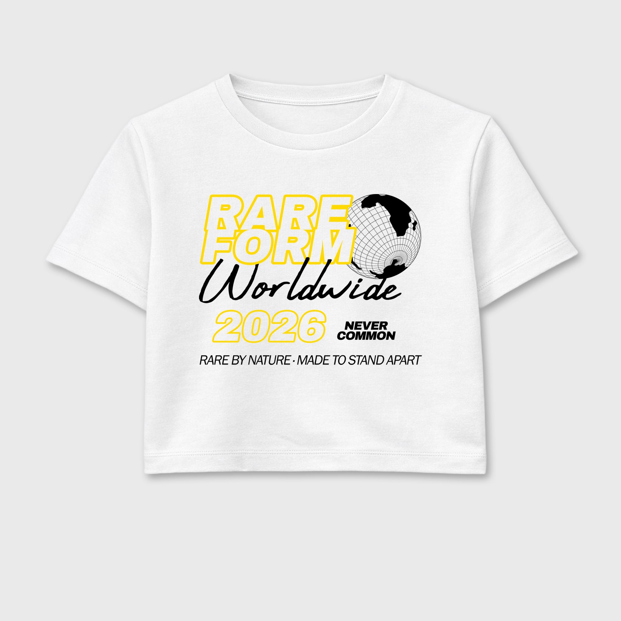Rare Form women’s crop tee designed to match the Air Jordan 4 Tour Yellow, featuring coordinated White 2 options for a perfect streetwear vibe.
