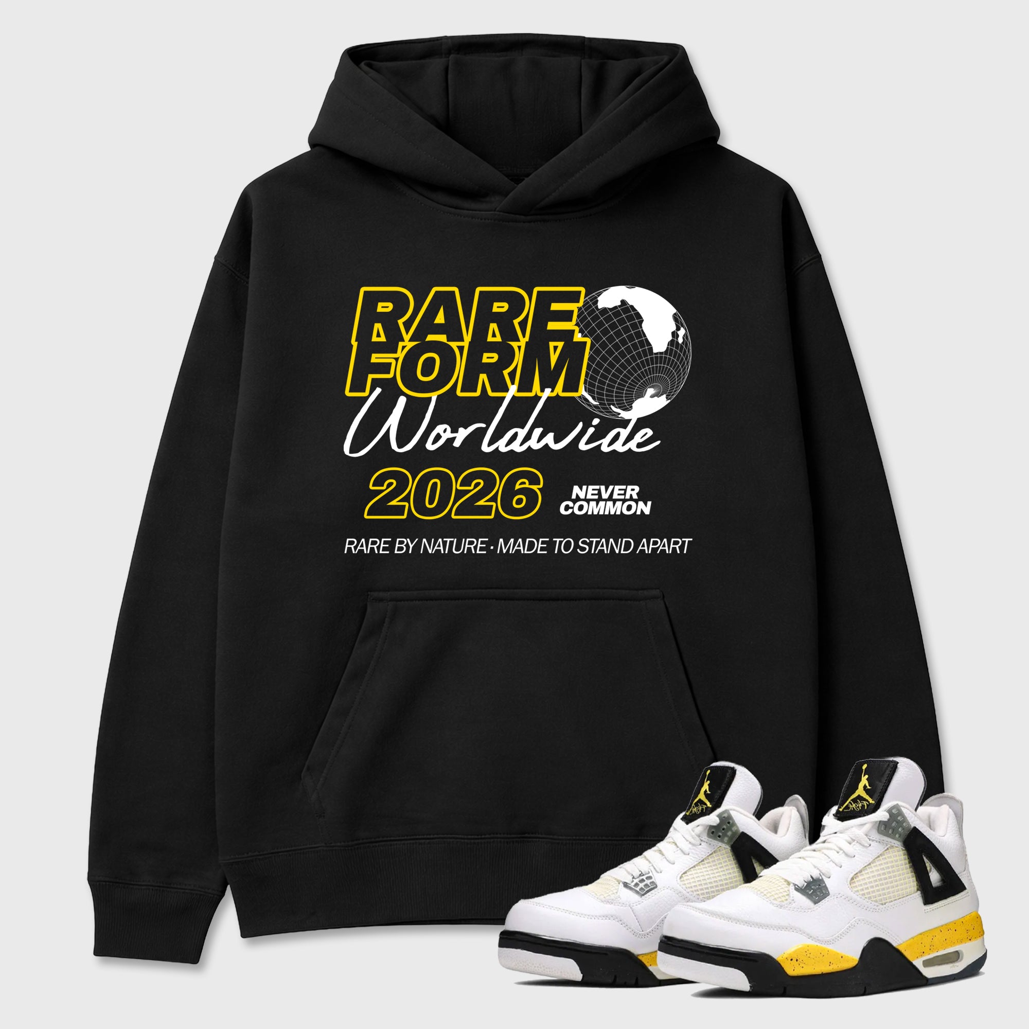 Rare Form Graphic T-Shirt featuring original streetwear artwork designed to match the Air Jordan 4 Tour Yellow. Black 1 Graphic Tee.