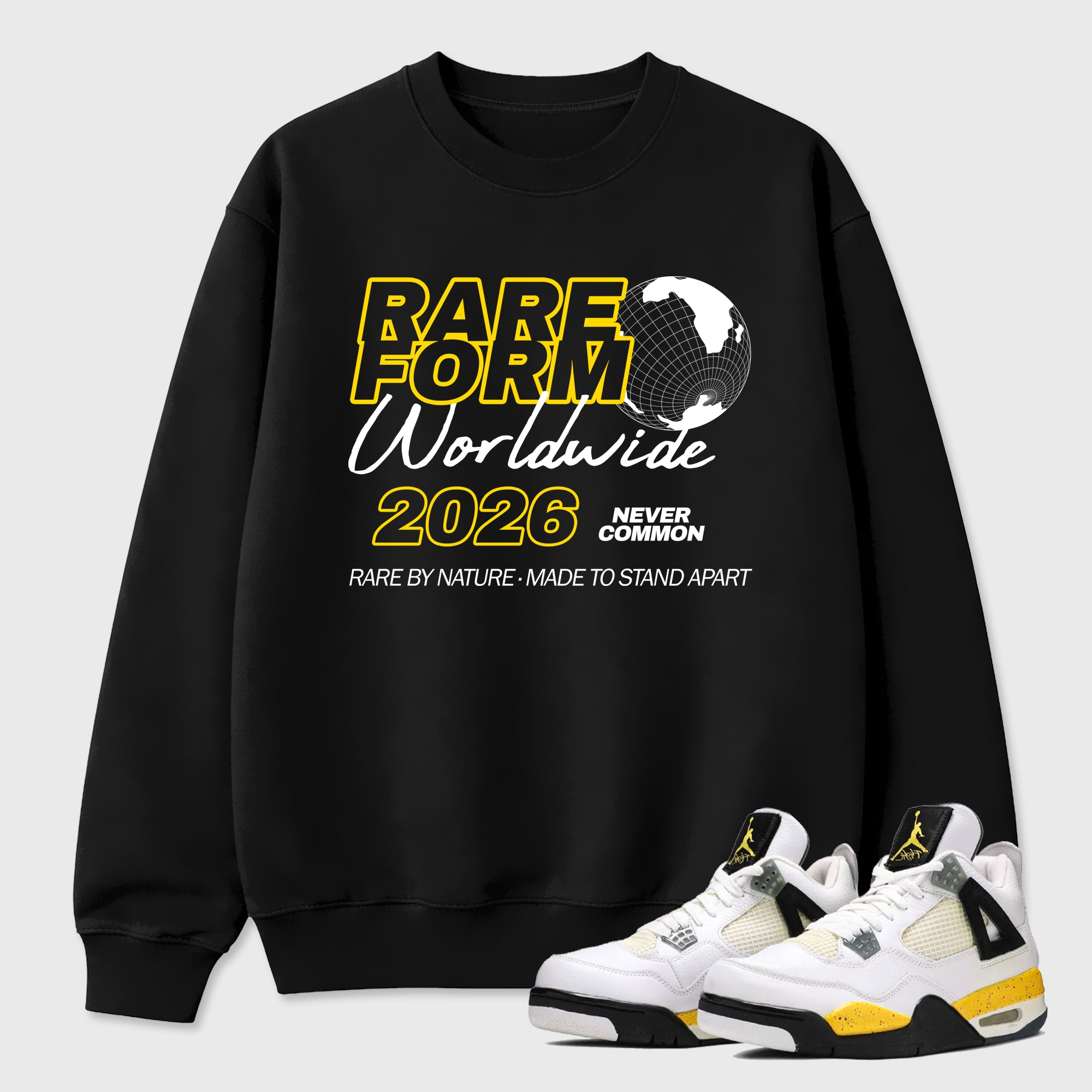 Rare Form Graphic T-Shirt featuring original streetwear artwork designed to match the Air Jordan 4 Tour Yellow. Black 1 Graphic Tee.