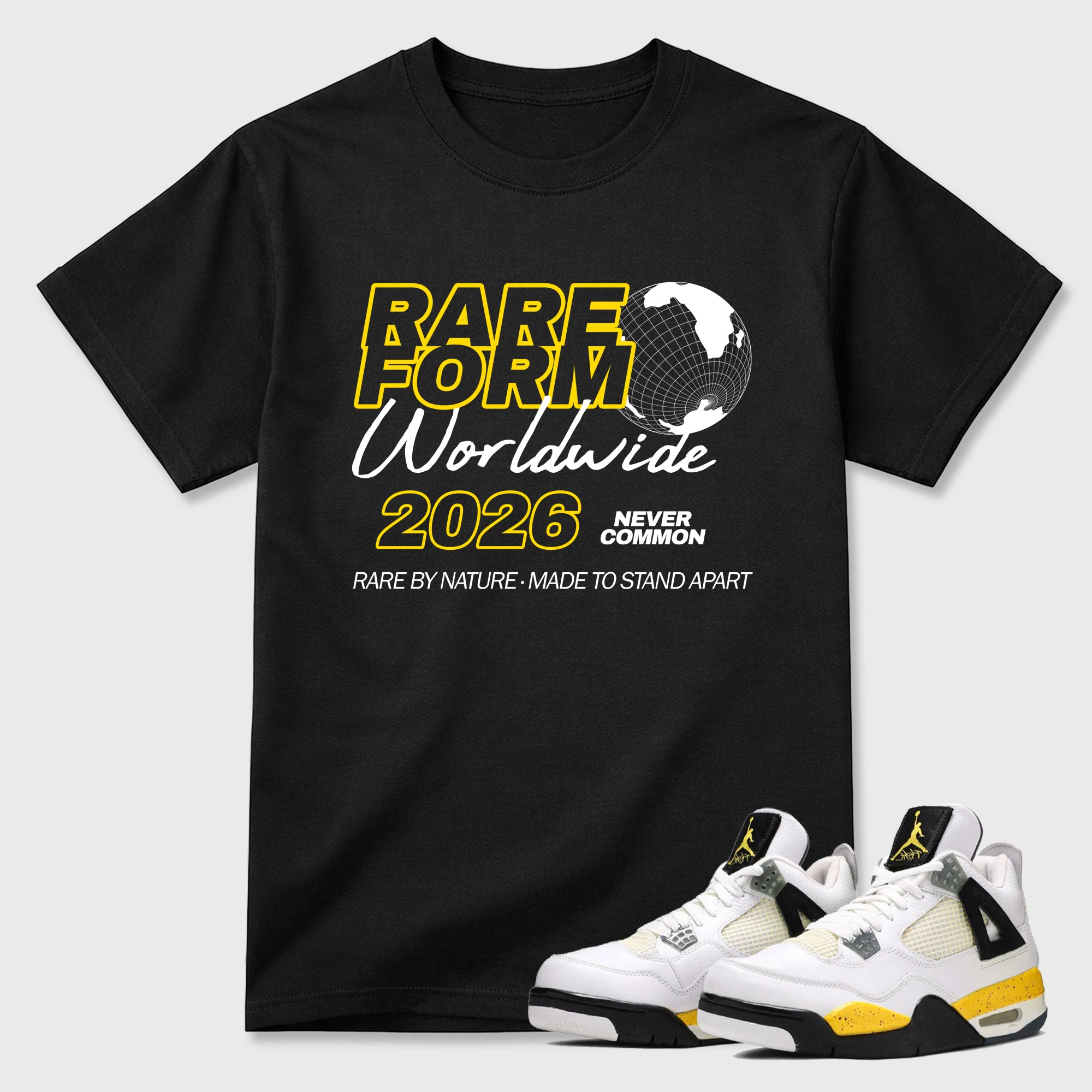 Rare Form Graphic T-Shirt featuring original streetwear artwork designed to match the Air Jordan 4 Tour Yellow. Black 1 Graphic T-Shirt.