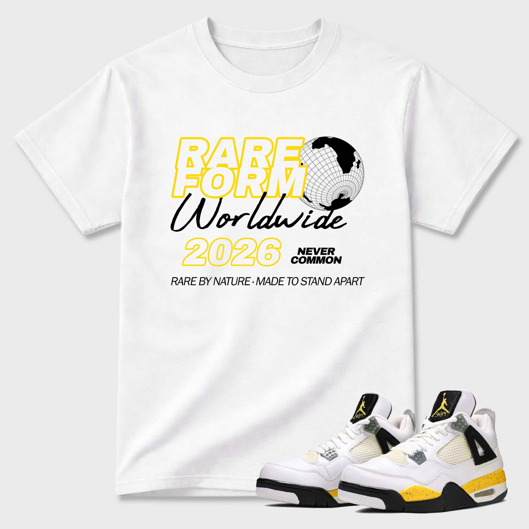 Rare Form Graphic T-Shirt featuring original streetwear artwork designed to match the Air Jordan 4 Tour Yellow. White 1 Graphic T-Shirt.