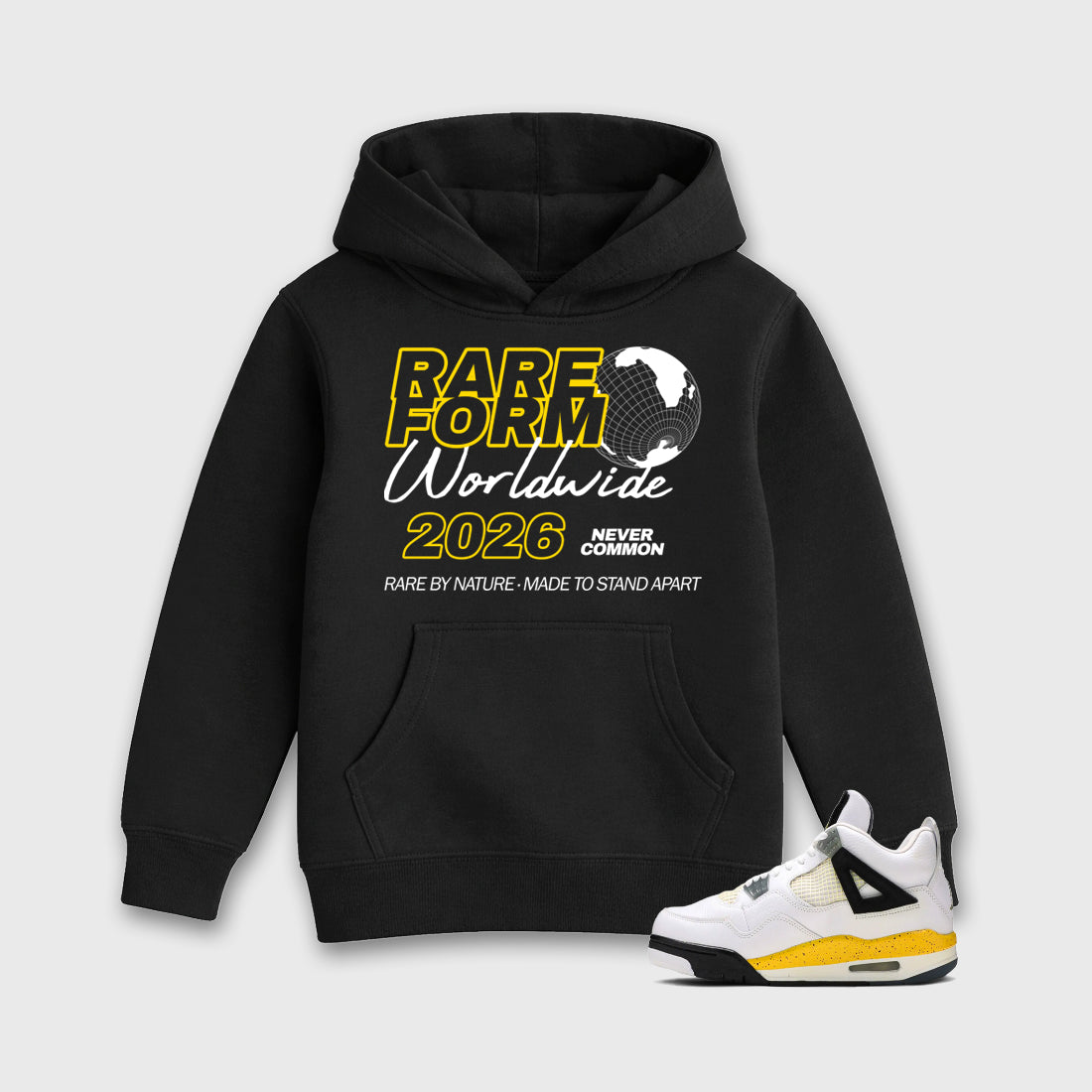 Rare Form Baby & Kids Graphic Hoodie featuring original artwork designed to match the Air Jordan 4 Tour Yellow. Black 1 Kids Graphic Sweater.