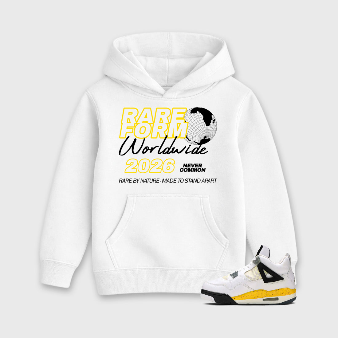 Rare Form Baby & Kids Graphic Hoodie featuring original artwork designed to match the Air Jordan 4 Tour Yellow. White 1 Kids Graphic Sweater.