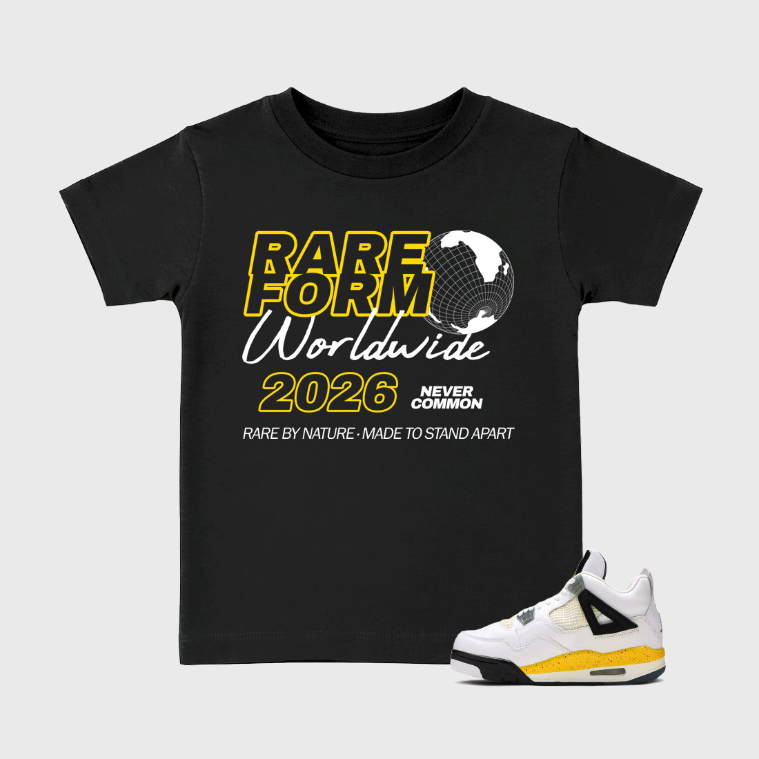 Rare Form Baby & Kids Graphic T-Shirt featuring original artwork designed to match the Air Jordan 4 Tour Yellow. Black 1 Kids Graphic Tee.
