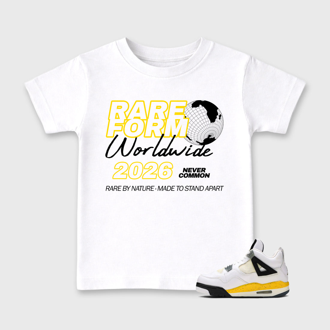 Rare Form Baby & Kids Graphic T-Shirt featuring original artwork designed to match the Air Jordan 4 Tour Yellow. White 1 Kids Graphic Tee.