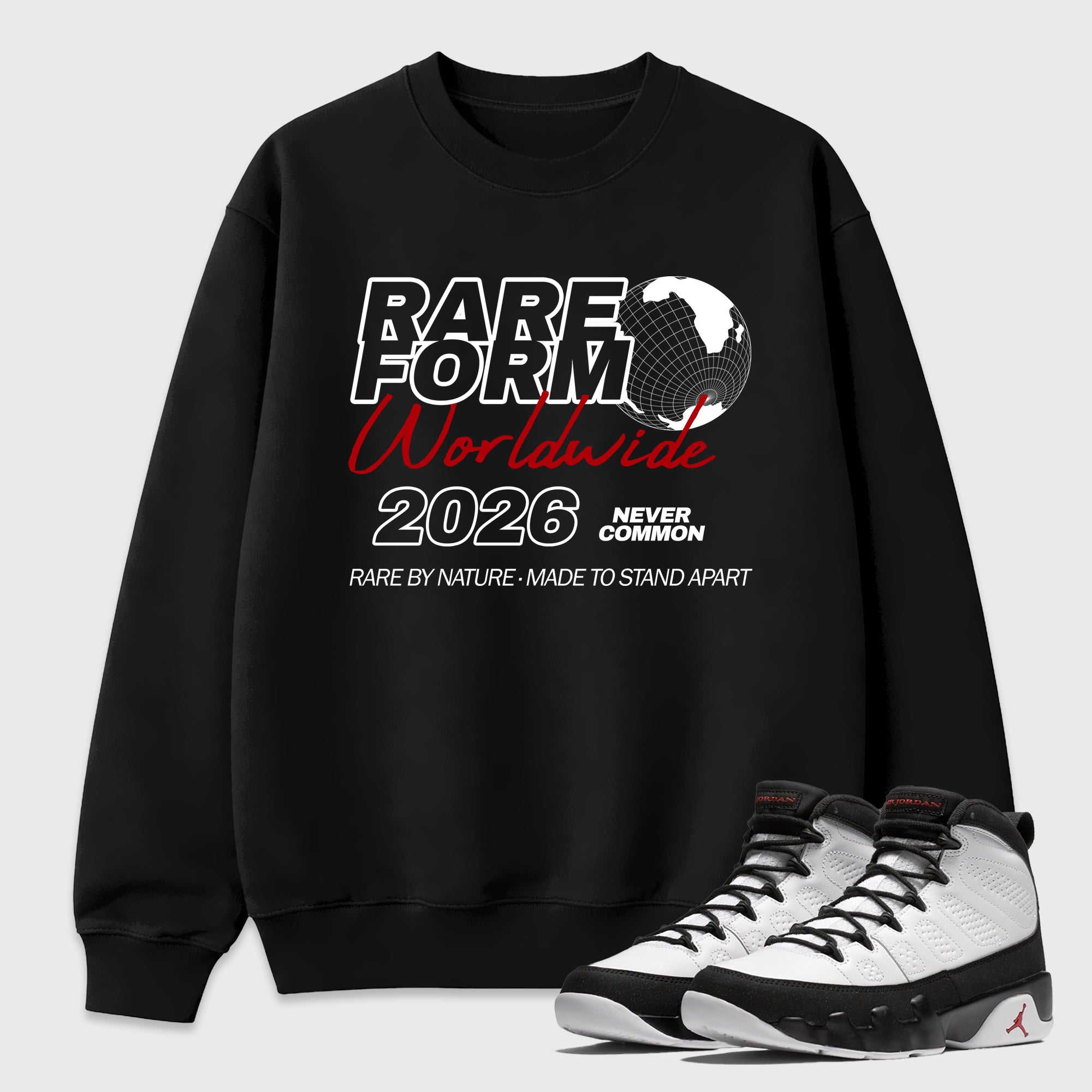 Rare Form Graphic T-Shirt featuring original streetwear artwork designed to match the Air Jordan 9 True Red. Black 1 Graphic Tee.