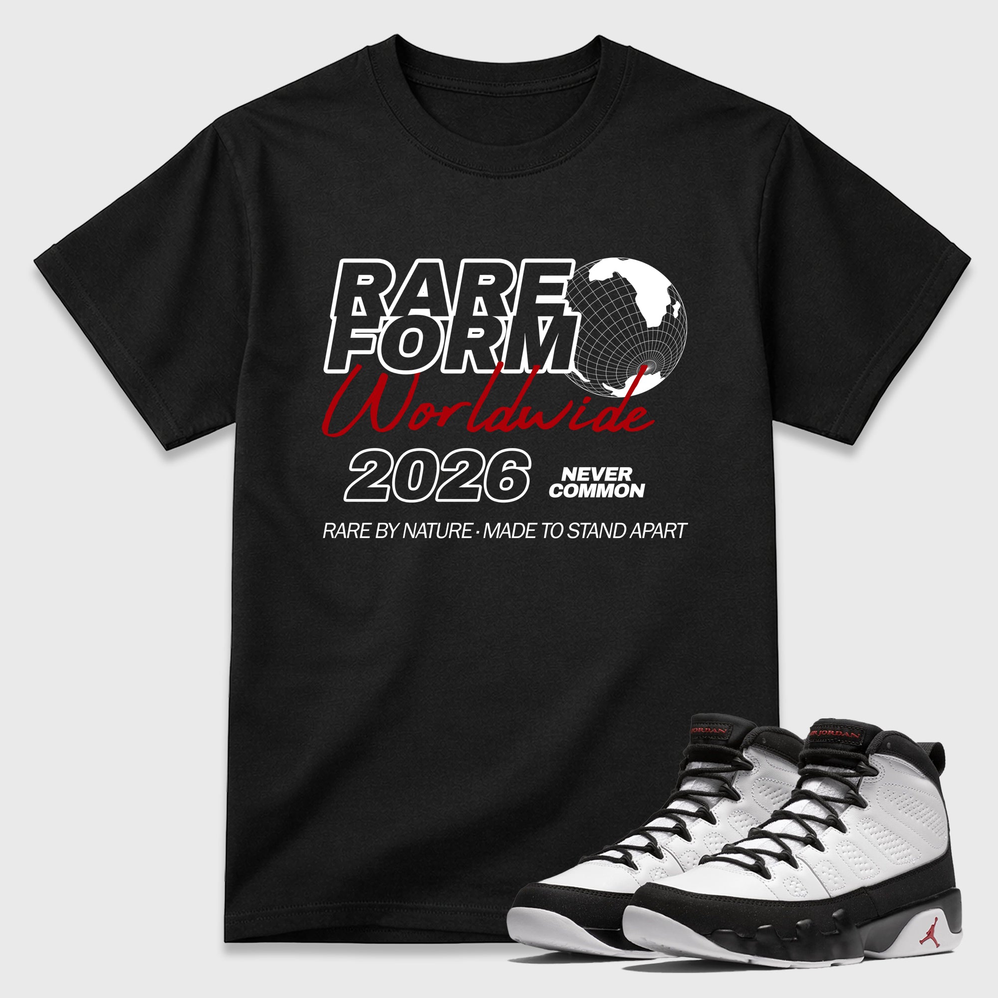 Rare Form Graphic T-Shirt featuring original streetwear artwork designed to match the Air Jordan 9 True Red. Black 1 Graphic T-Shirt.