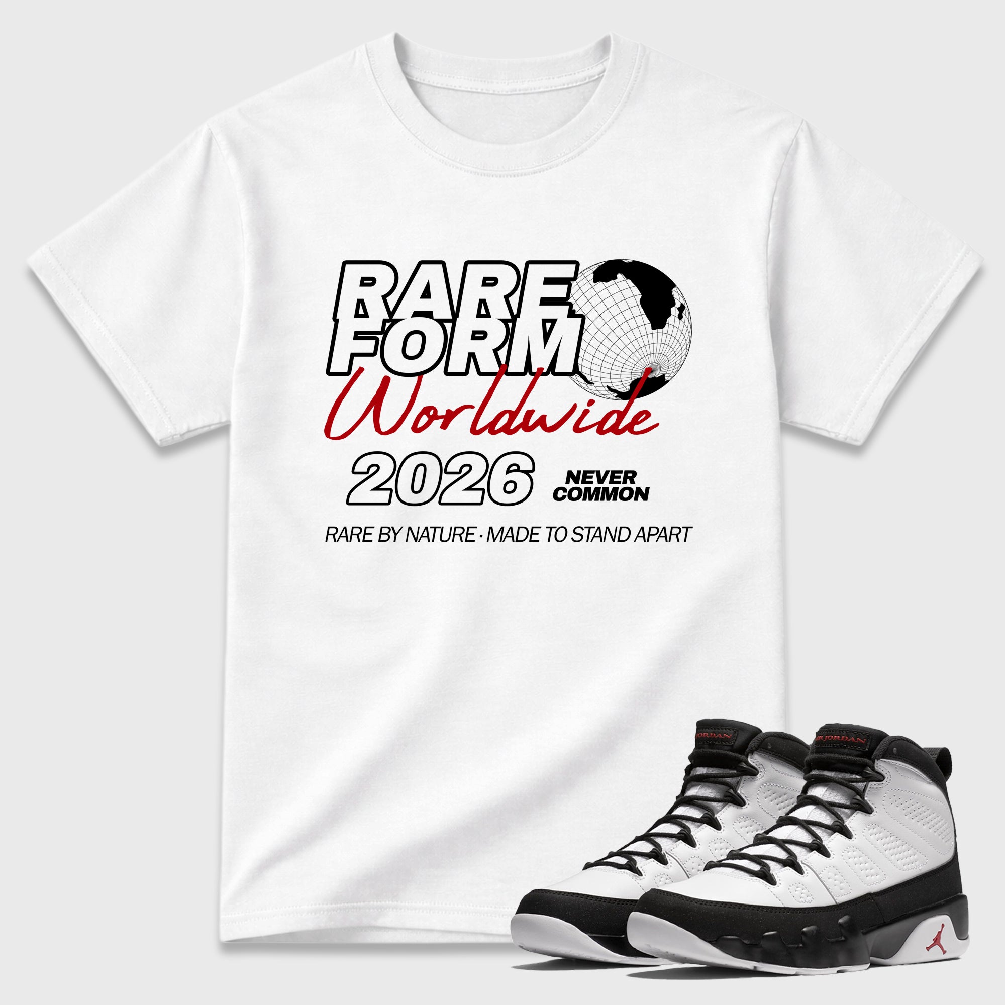 Rare Form Graphic T-Shirt featuring original streetwear artwork designed to match the Air Jordan 9 True Red. White 1 Graphic T-Shirt.