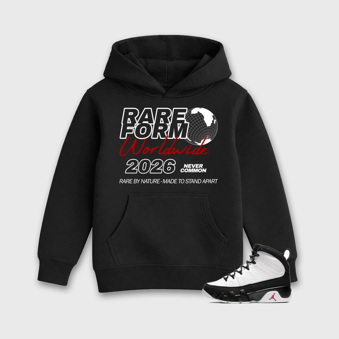Rare Form Baby & Kids Graphic Hoodie featuring original artwork designed to match the Air Jordan 9 True Red. Black 1 Kids Graphic Sweater.